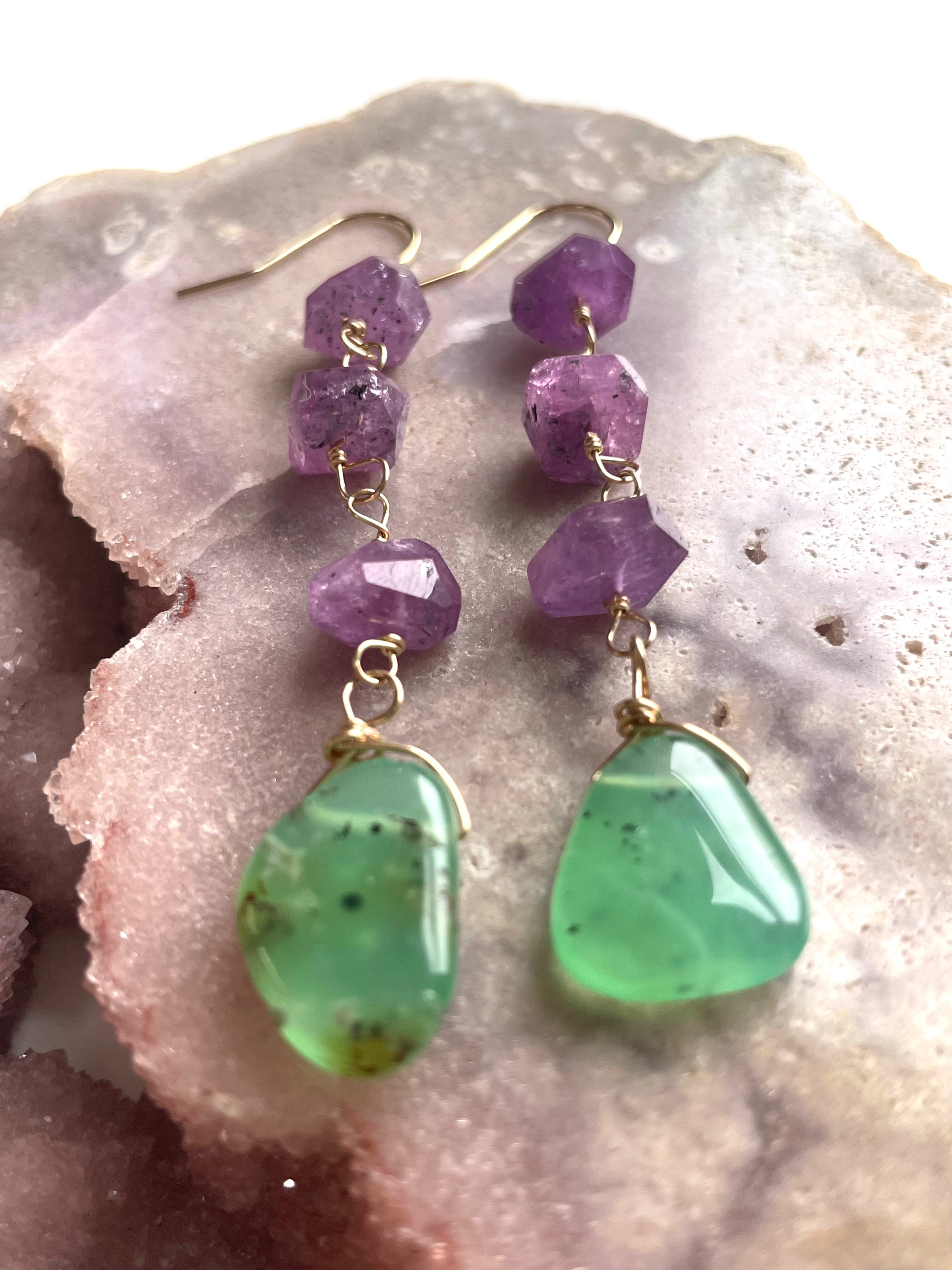 Natural Pink Sapphire & Chrysoprase Gold Filled Crystal Dangle Earrings for Women - Elegant Boho Jewelry for Parties, Weddings & Everyday Wear
