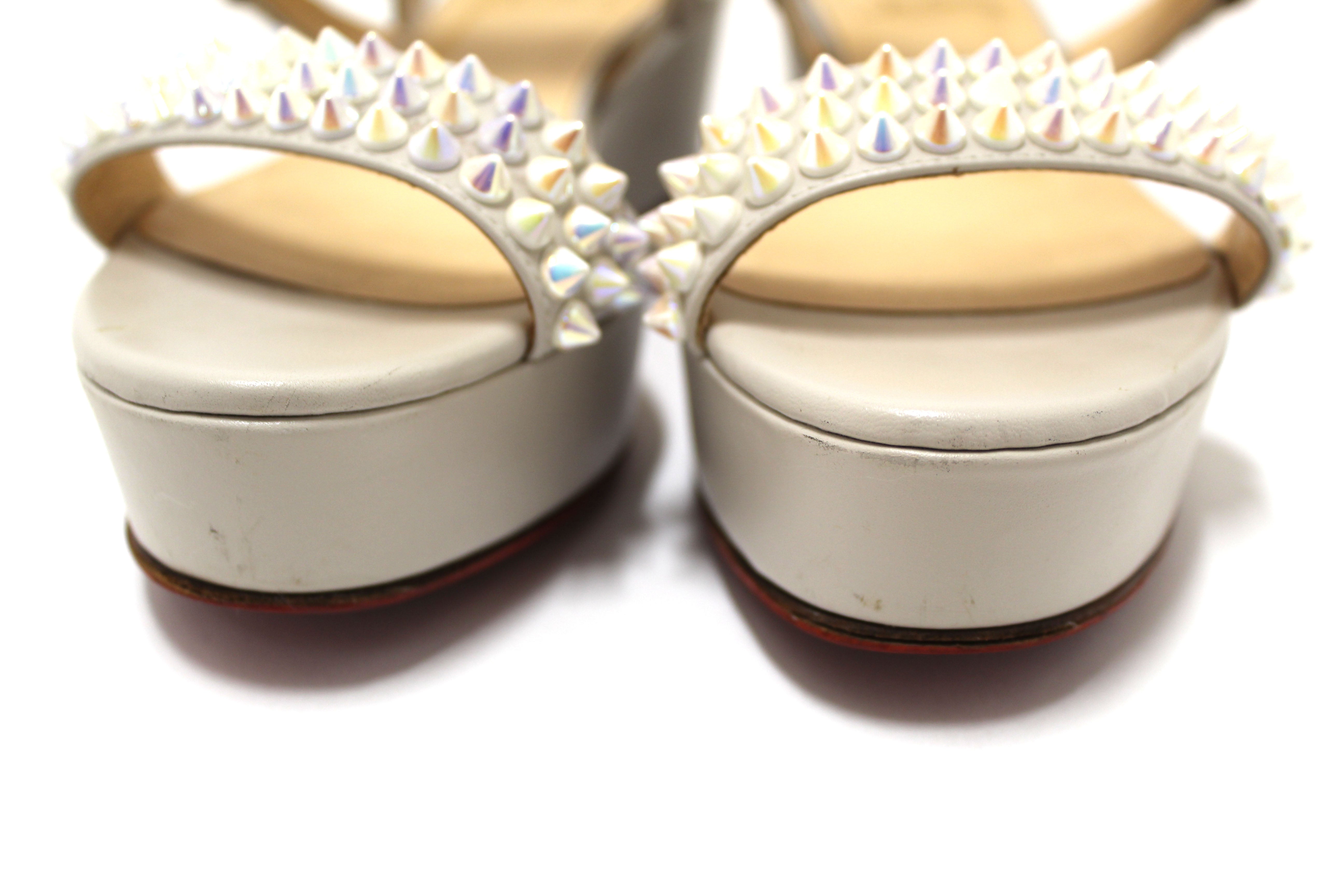 Authentic Christian Louboutin White Leather Cordorella Spikes Flatform Sandals Women's Size 37.5 - Perfect for Summer Weddings, Beach Vacations & Night Out Parties