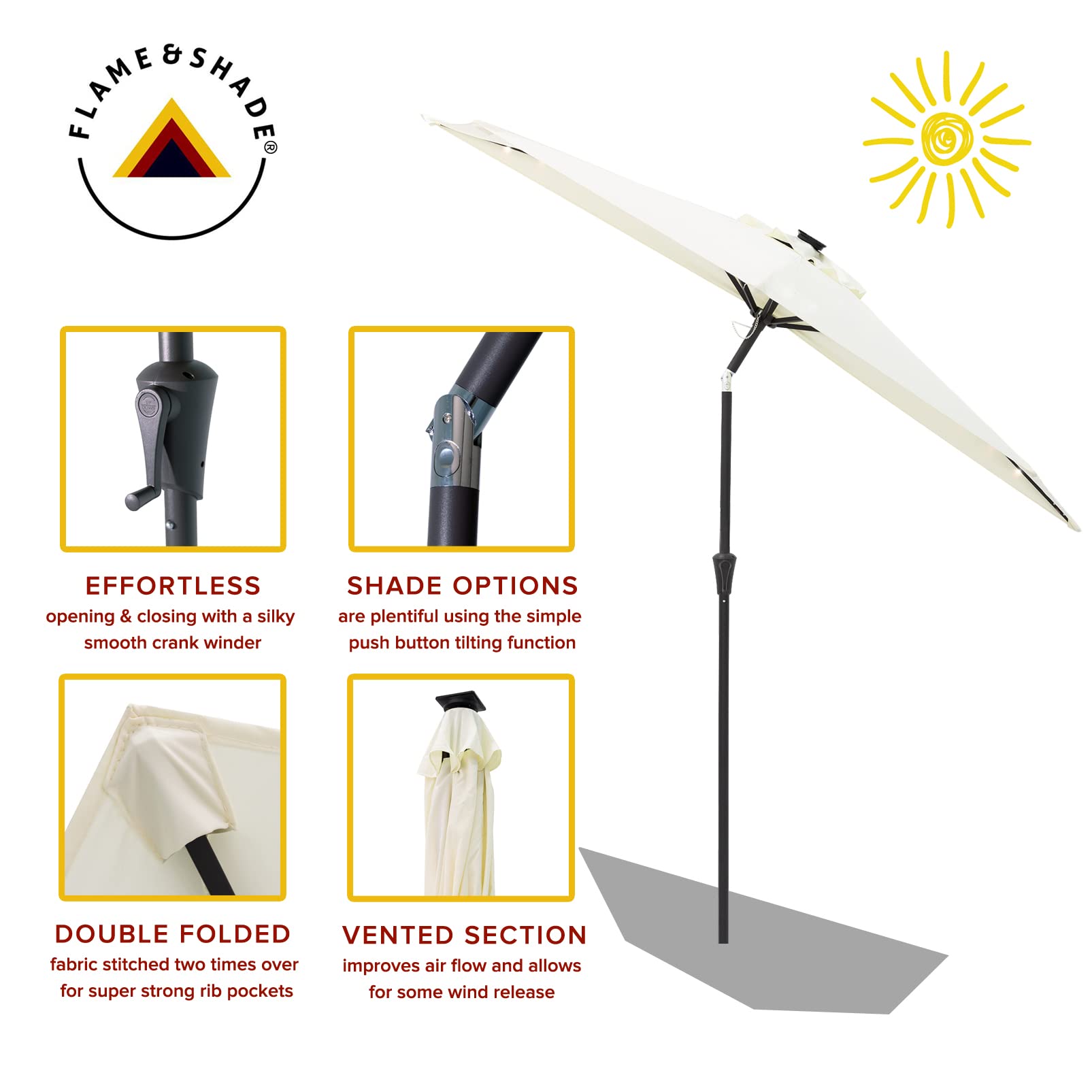 FLAME&SHADE 9 ft Solar Powered Half Round Outdoor Patio Umbrella with LED Lights & Tilt - Waterproof Sun Shade for Garden, Balcony, Poolside & Backyard (Ivory) | Perfect for Outdoor Dining, Lounging & Entertaining