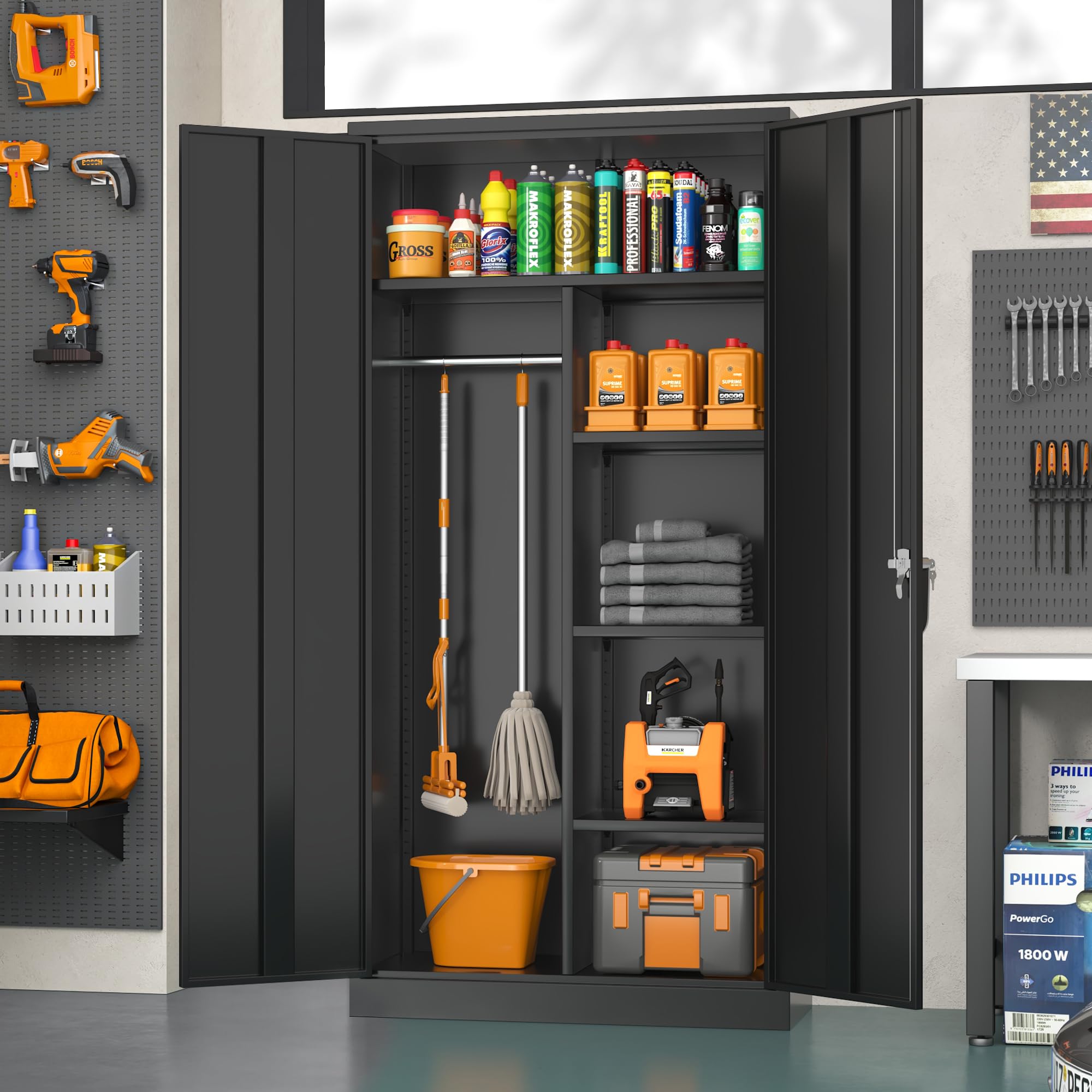 Greenvelly Black Metal Wardrobe Cabinet with Lock - Hanging Clothes Storage with Doors & Shelves for Home, Office, Bedroom, School & Gym | Space-Saving Closet Organizer for Small Spaces & Dorm Rooms