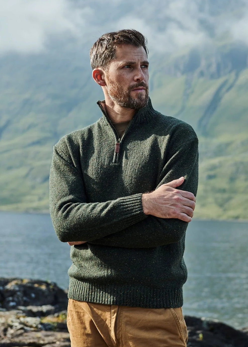 Aran Troyer Zip Sweater for Men - Cozy Green Wool Pullover | Perfect for Winter Outdoor Activities & Casual Wear