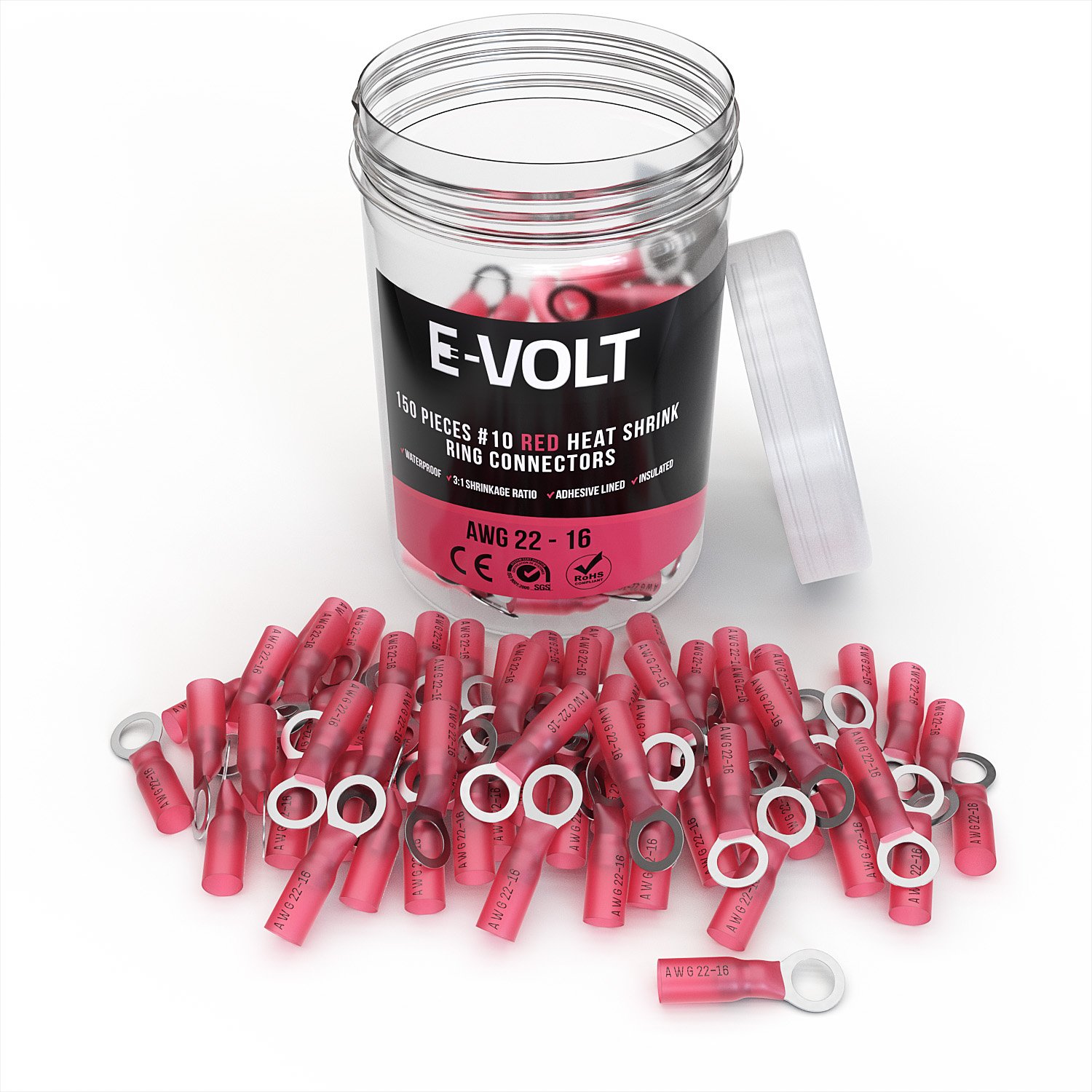 E-VOLT Heat Shrink Wire Connectors - 150PC #10 Red 3:1 Shrink Ratio Adhesive Tube Electrical Crimp Connectors for 22-16 AWG | Waterproof Industrial Grade Bulk Wire Terminals for Automotive, Marine, Home Audio & DIY Electrical Projects | Perfect for Car Wiring, Boat Electronics & Speaker Installations