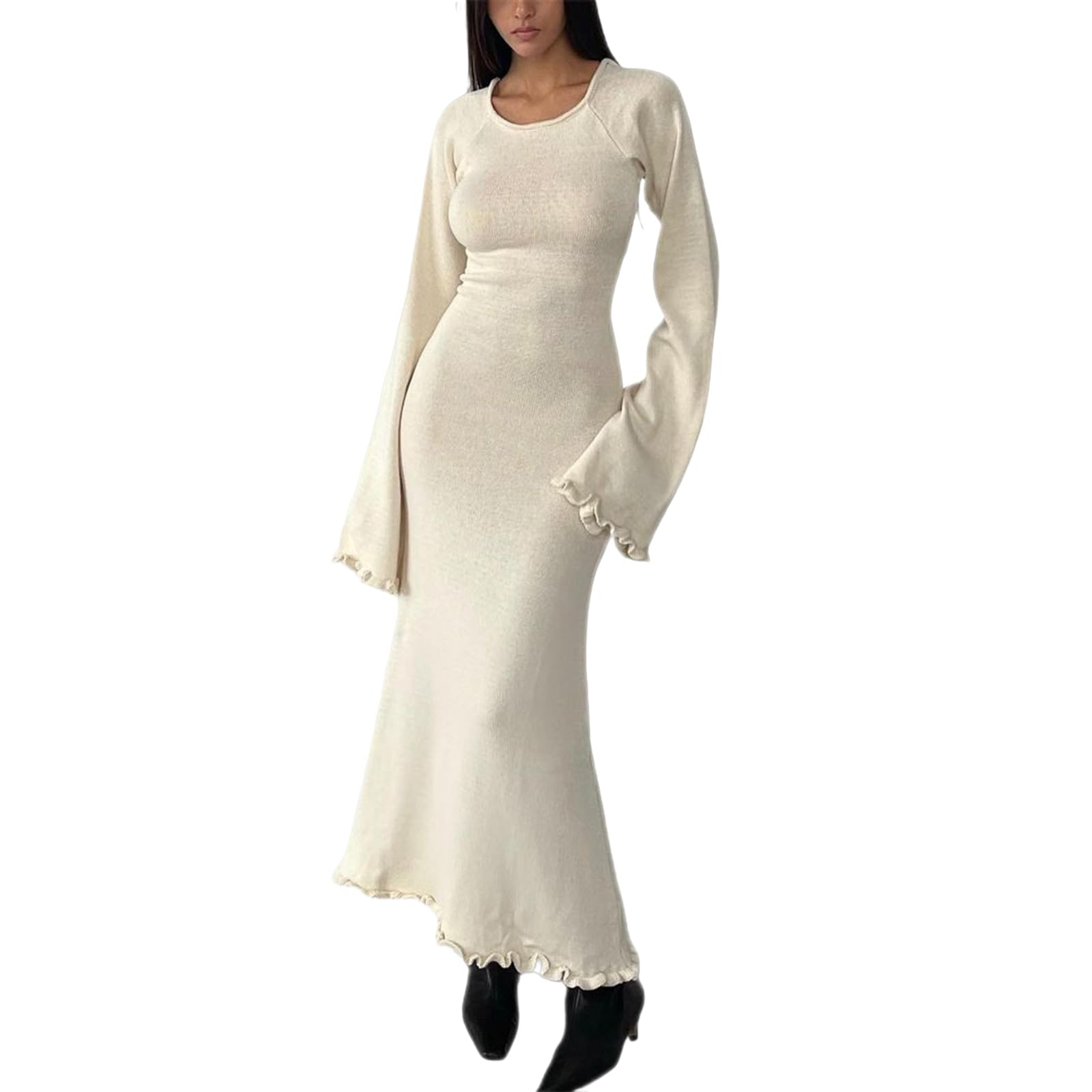Elegant Crochet Knit Long Sleeve Backless Maxi Dress - Women's Boho Hollow Out Beach Cover Up with Ruffle Details | Perfect for Pool Parties, Vacations & Summer Outfits