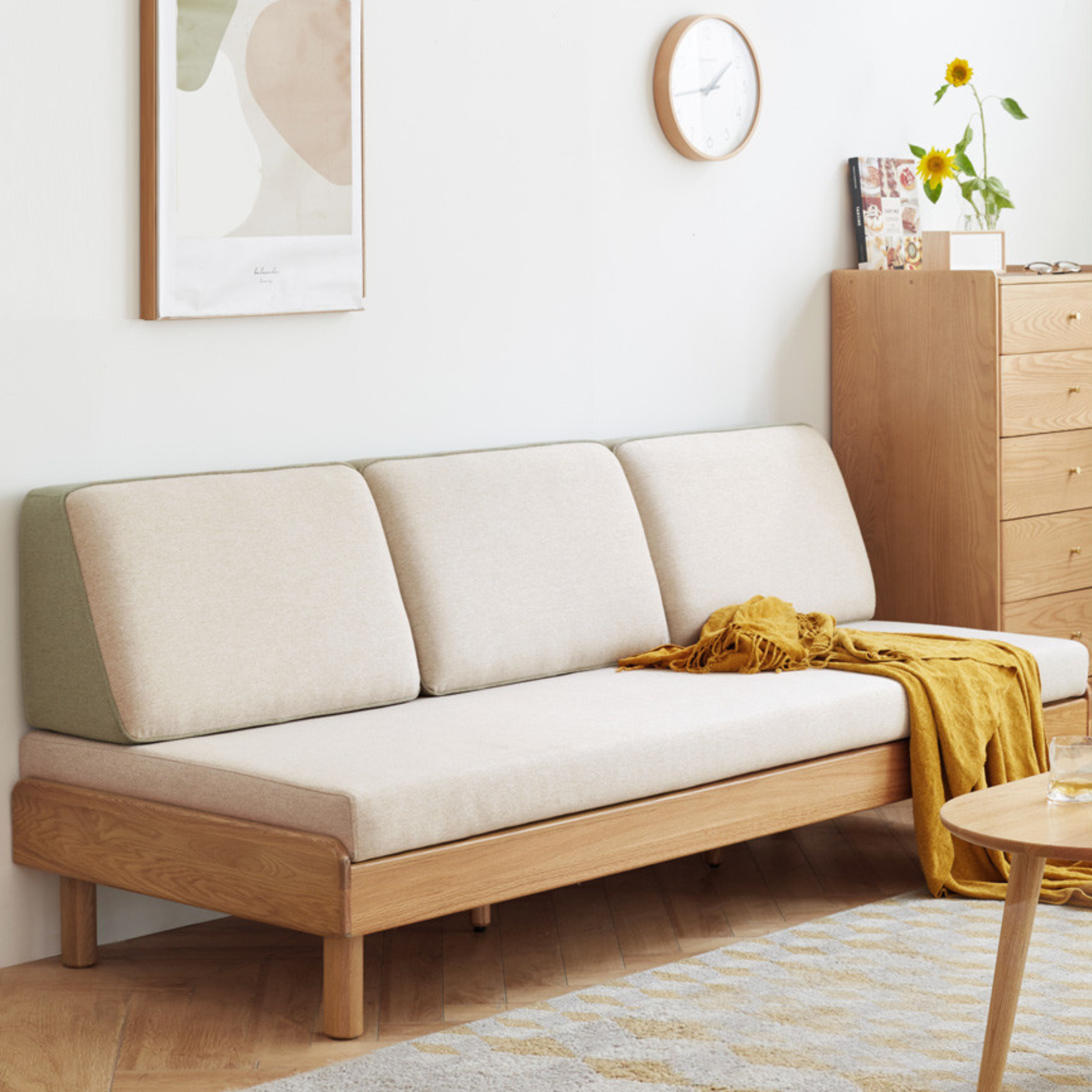 **Solid Oak Wood Tatami Fabric Sofa Bed - Convertible Folding Futon for Small Spaces, Guest Room & Apartment Living**
