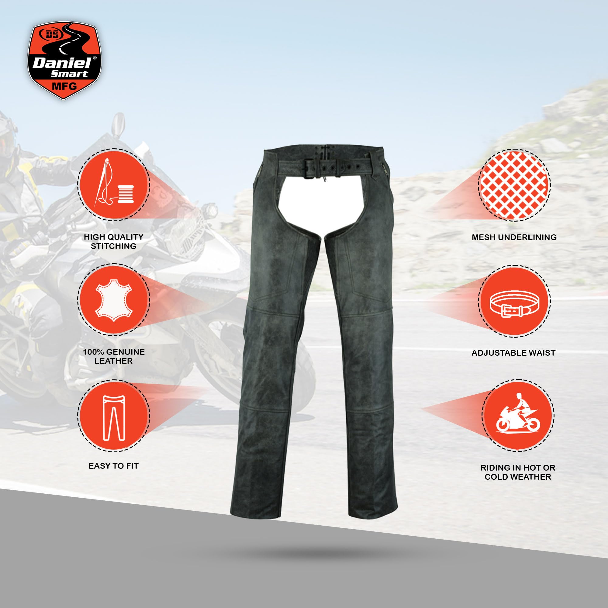 Daniel Smart Motorcycle Leather Chaps - All Season Unisex Biker Pants with Adjustable Fit & Storage Pockets | Perfect for Harley, Cruiser & Adventure Riding | Durable Protection for Men & Women Riders