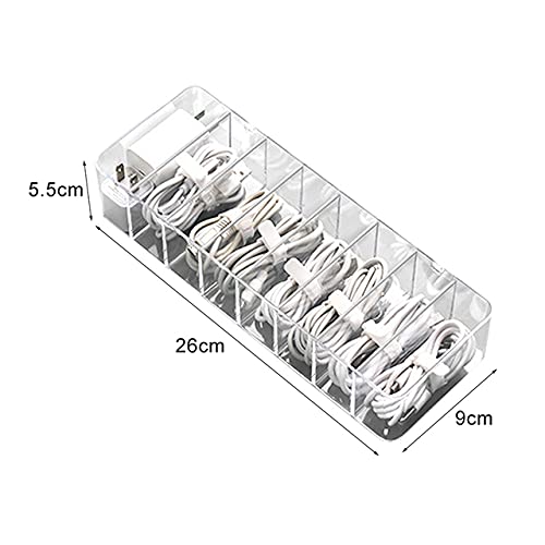 Clear Plastic Cable Storage Box - 8 Grid Organizer for Data Cords, Desk Stationery, Makeup, Jewelry & Office Supplies | Perfect for Home, Office & Travel Organization