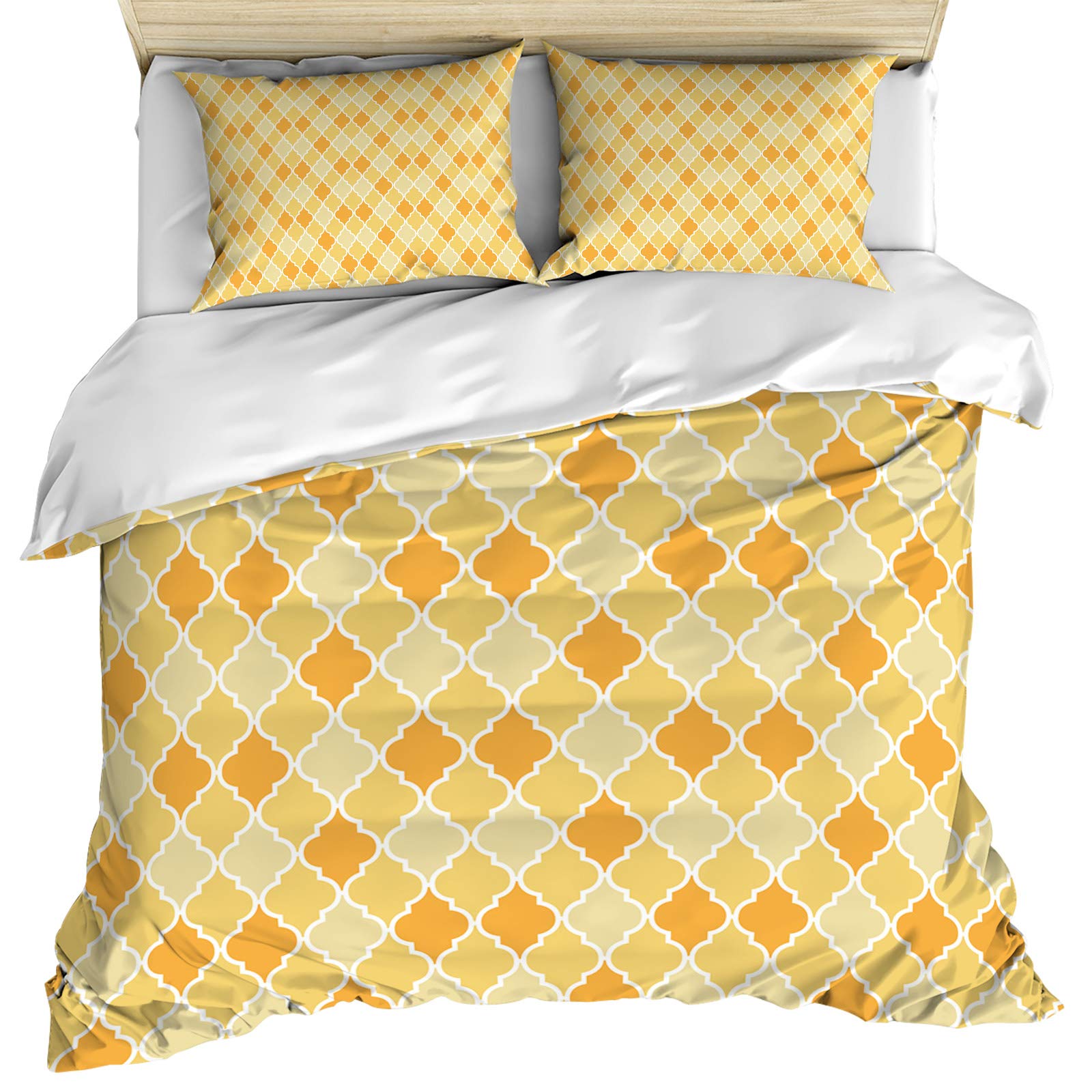 Crystal Emotion 3-Piece Bedding Set - Full Size Moroccan Geometric Duvet Cover with Pillow Shams | Ultra Soft Breathable Microfiber in Farmhouse Yellow-Orange | All-Season Comfort for Master Bedroom, Guest Room & Dorm Decor