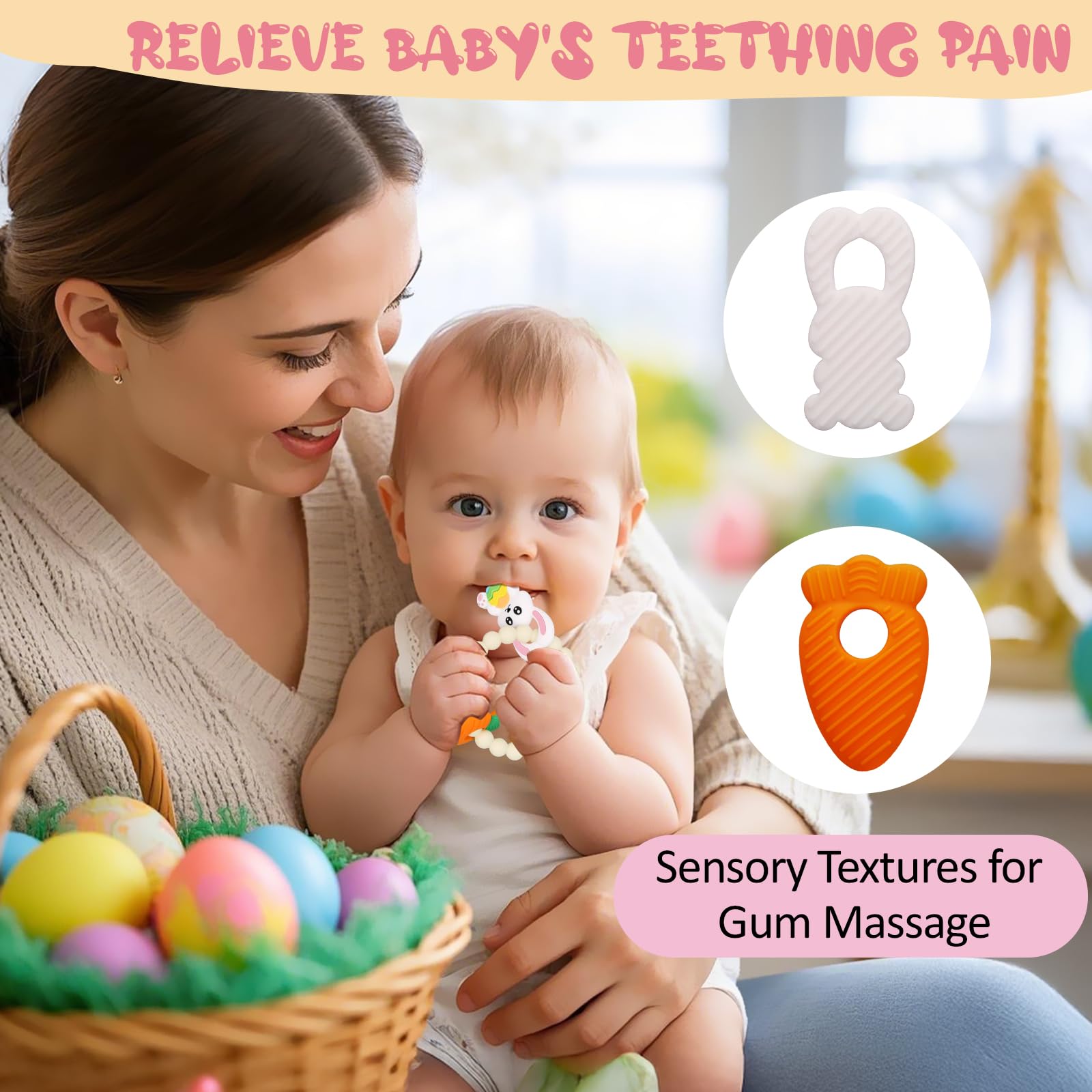 Easter Baby Teething Ring Toys – Bunny & Carrot Teethers for Newborns, Infants & Toddlers – Sensory Chew Bracelet for Teething Relief – Perfect Baby Shower Gift & Easter Basket Stuffers – Great for Soothing Sore Gums & Early Sensory Development