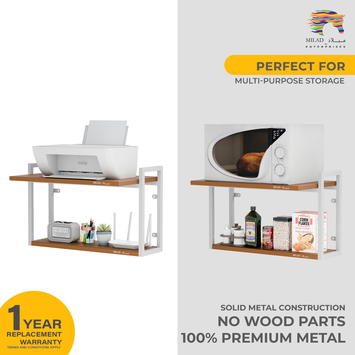 Stainless Steel Wall Mount Microwave Stand & OTG Shelf - Golden & White Kitchen Storage Rack with Spice Organizer (OS-12) - Space Saving Solution for Small Kitchens & Apartments