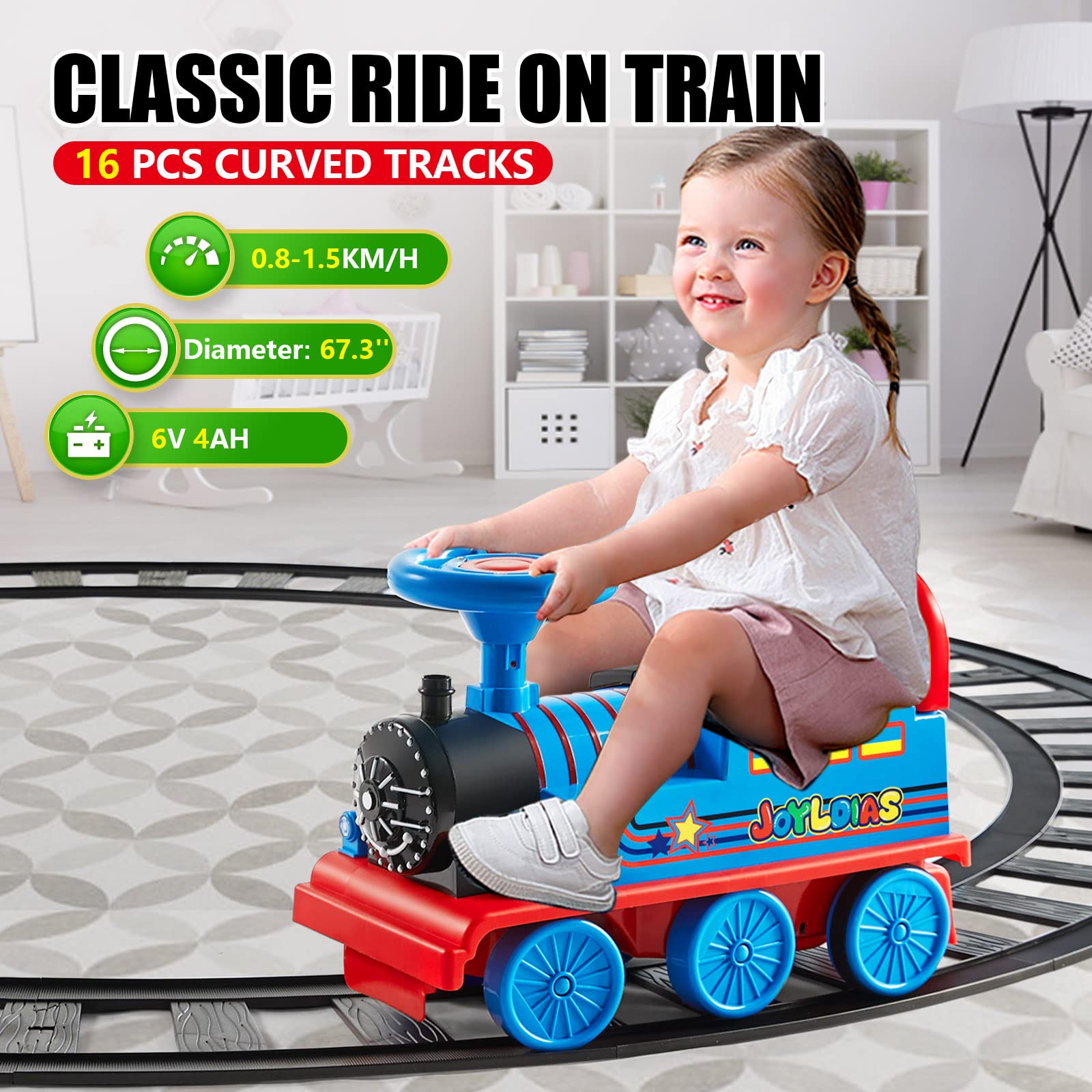 JOYLDIAS 6V Electric Ride On Train Toy for Kids - 16pcs Curved Tracks, LED Lights & Horn, Storage Basket, Retractable Foot Pedals - Best Gift for Toddlers Under 39 Inches (Blue) | Perfect for Indoor Playrooms & Backyard Fun