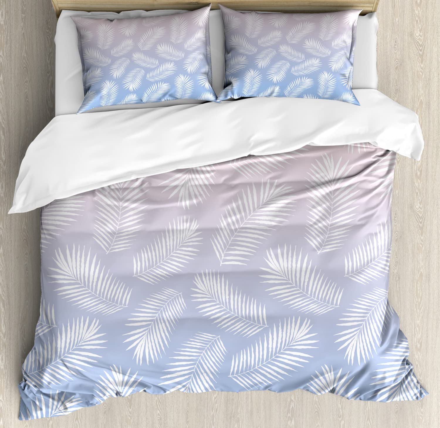 Ambesonne Ombre Duvet Cover Set - Tropical Palm Leaf Design, 2-Piece Queen Size Bedding Set with 2 Duvet Covers & 4 Pillowcases, Blush Ceil Blue - Perfect for Summer Bedroom Decor, Beach House Style, and Tropical Themed Rooms