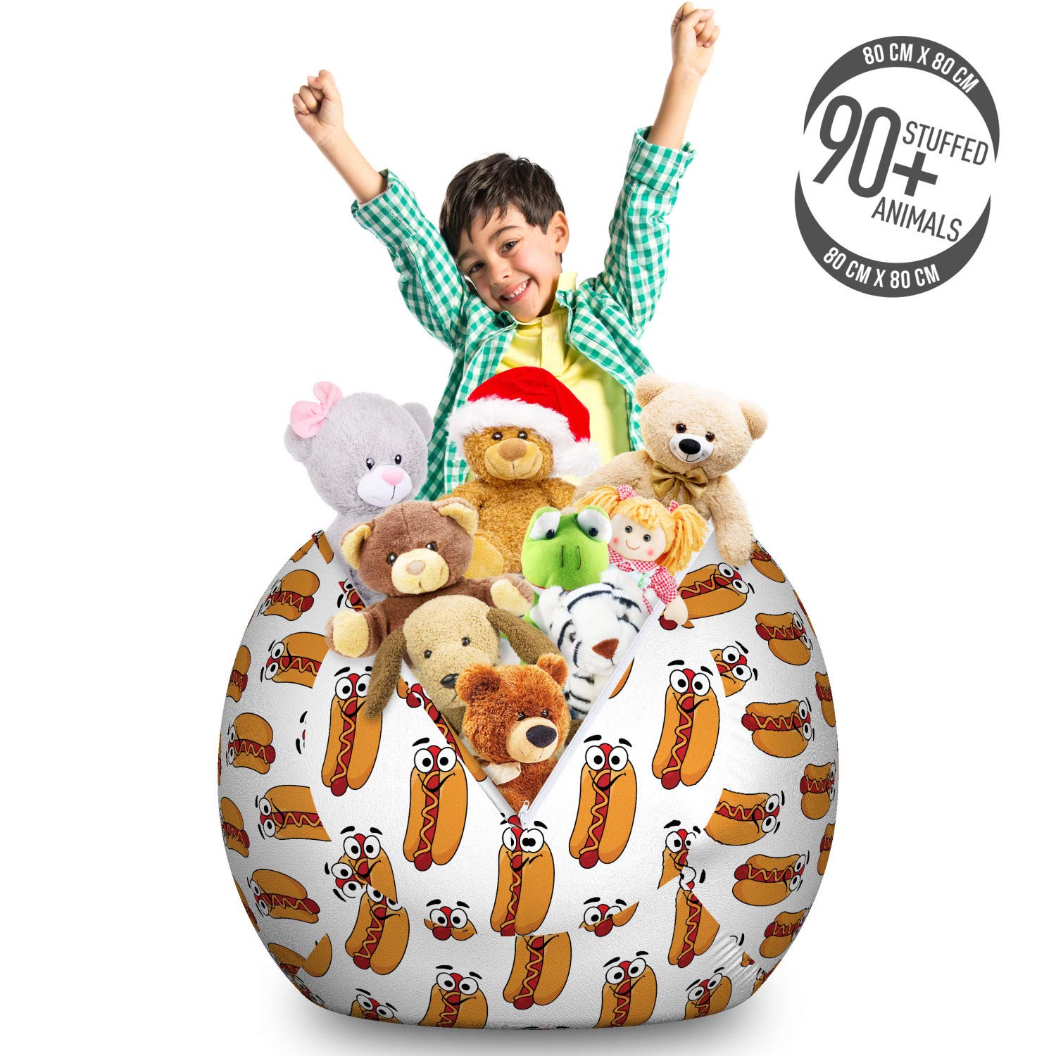 Ambesonne Hot Dog Toy Storage Bag Chair - Large Washable Stuffed Animal Organizer with Fun Characterized Food Design, Eyes & Smiling Frankfurter - Apricot Vermilion | Perfect for Kids' Room, Playroom & Toy Organization