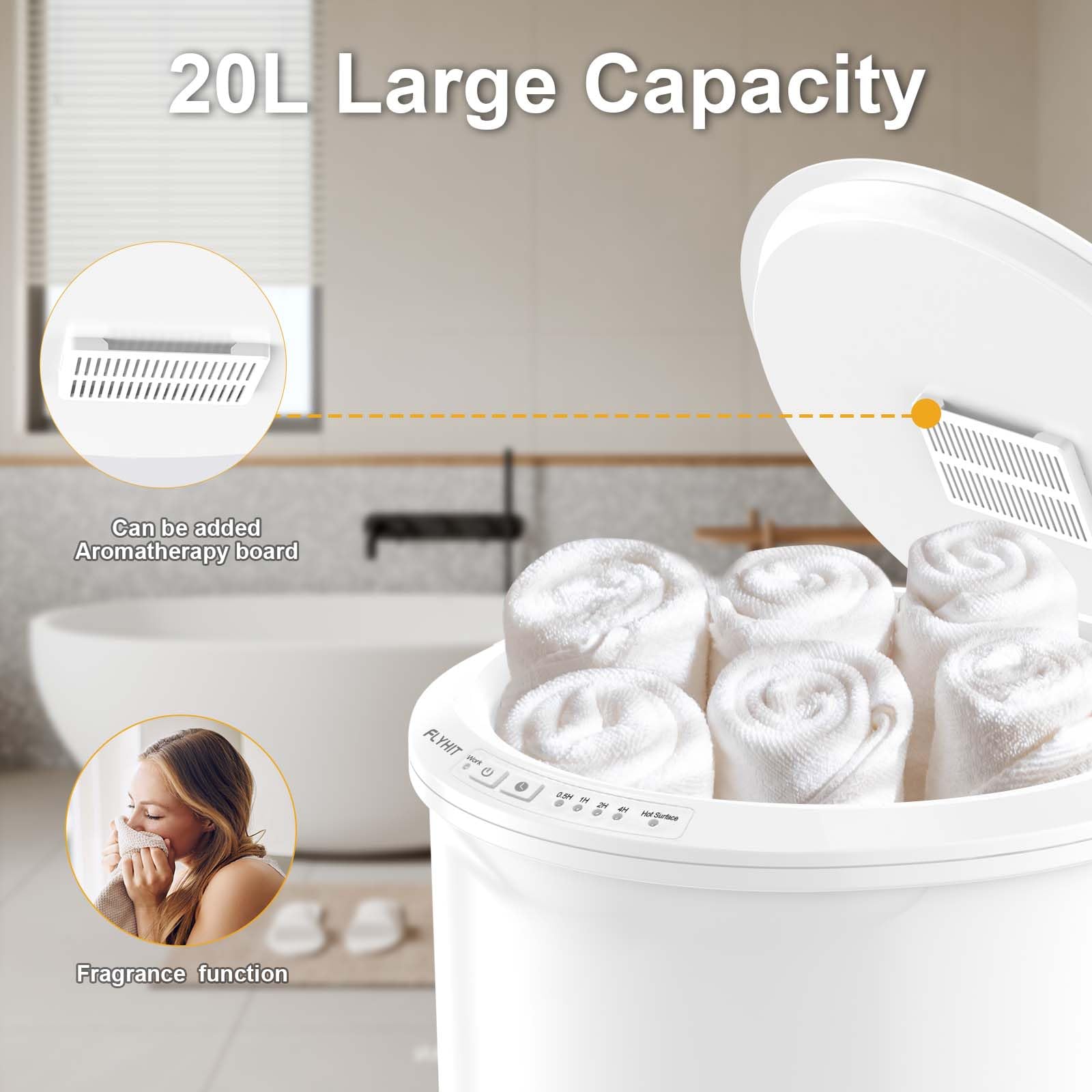 Large Electric Towel Warmer for Bathroom - Heated Towel Warmer Bucket with Wood Handle & Auto Shut Off, Holds 2 Oversized 40