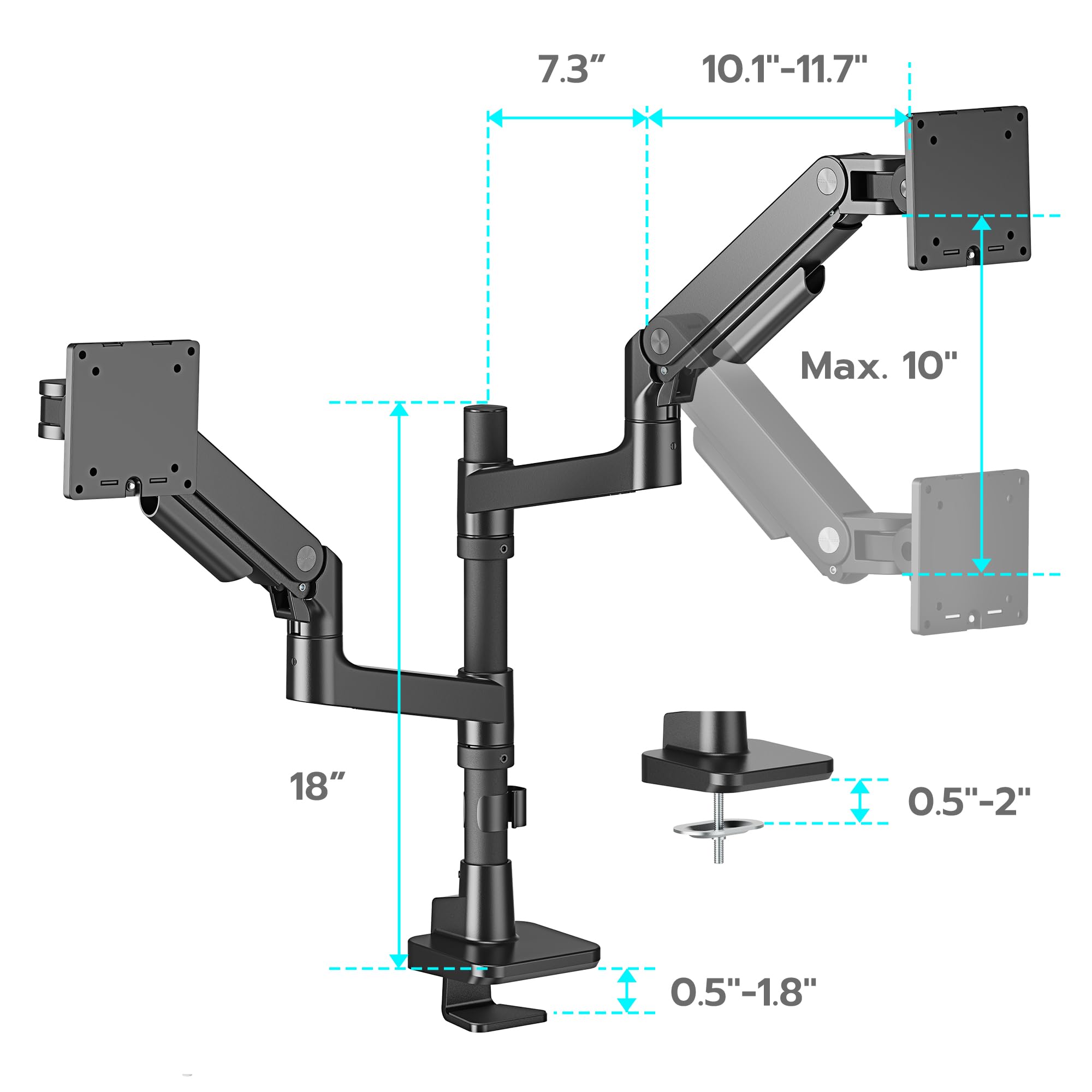 ARES WING Dual Monitor Arm Desk Mount - Heavy Duty Gas Spring Stand for 17 to 49 Inch Ultrawide Screens (Up to 44 lbs) - Vertical Stacking Full Motion VESA 75x75/100x100 Mount - Black - Perfect for Home Office, Gaming Setup & Workspace Ergonomics