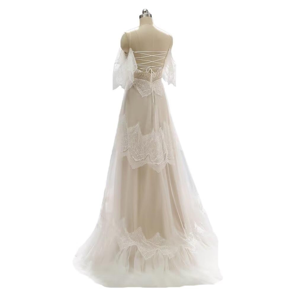 Boho Lace Wedding Dress with Sleeves & Spaghetti Straps - Elegant Bridal Gown for Women | Perfect for Beach, Garden & Vintage Theme Weddings