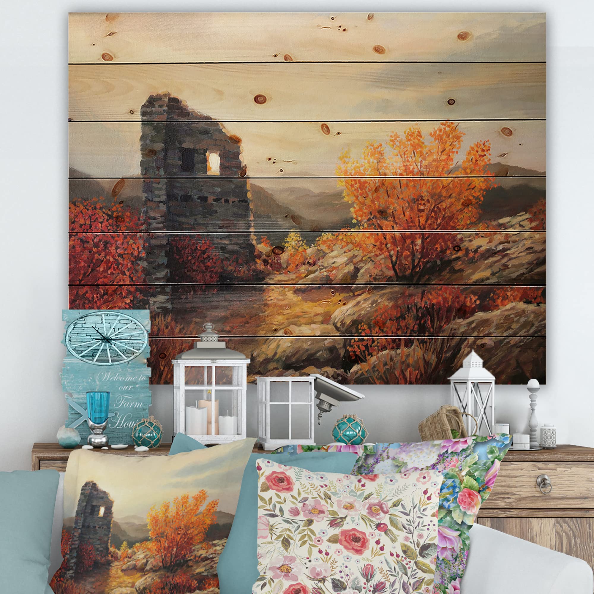DesignQ Old Fortress Ruins Sunset Farmhouse Wood Wall Decor - Orange Landscape Wall Art - Large Pine Wood Wall Panels - Rustic Home & Office Decor for Living Room, Bedroom, Dining Room