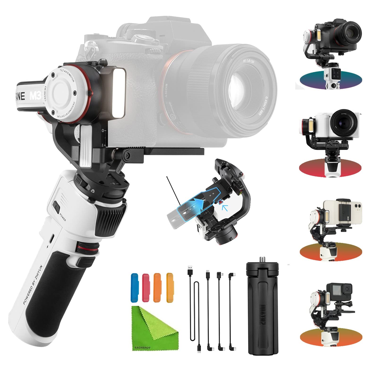 Zhiyun Crane M3 3-Axis Handheld Gimbal Stabilizer for Mirrorless Cameras - Compatible with Sony A6600, A6500, A6000, RX100 M7, GX85, GoPro Hero 10/9/8/7/6/5, iPhone 13/12/XS/Pro Max - Perfect for Vlogging, Travel Videos & Professional Filmmaking