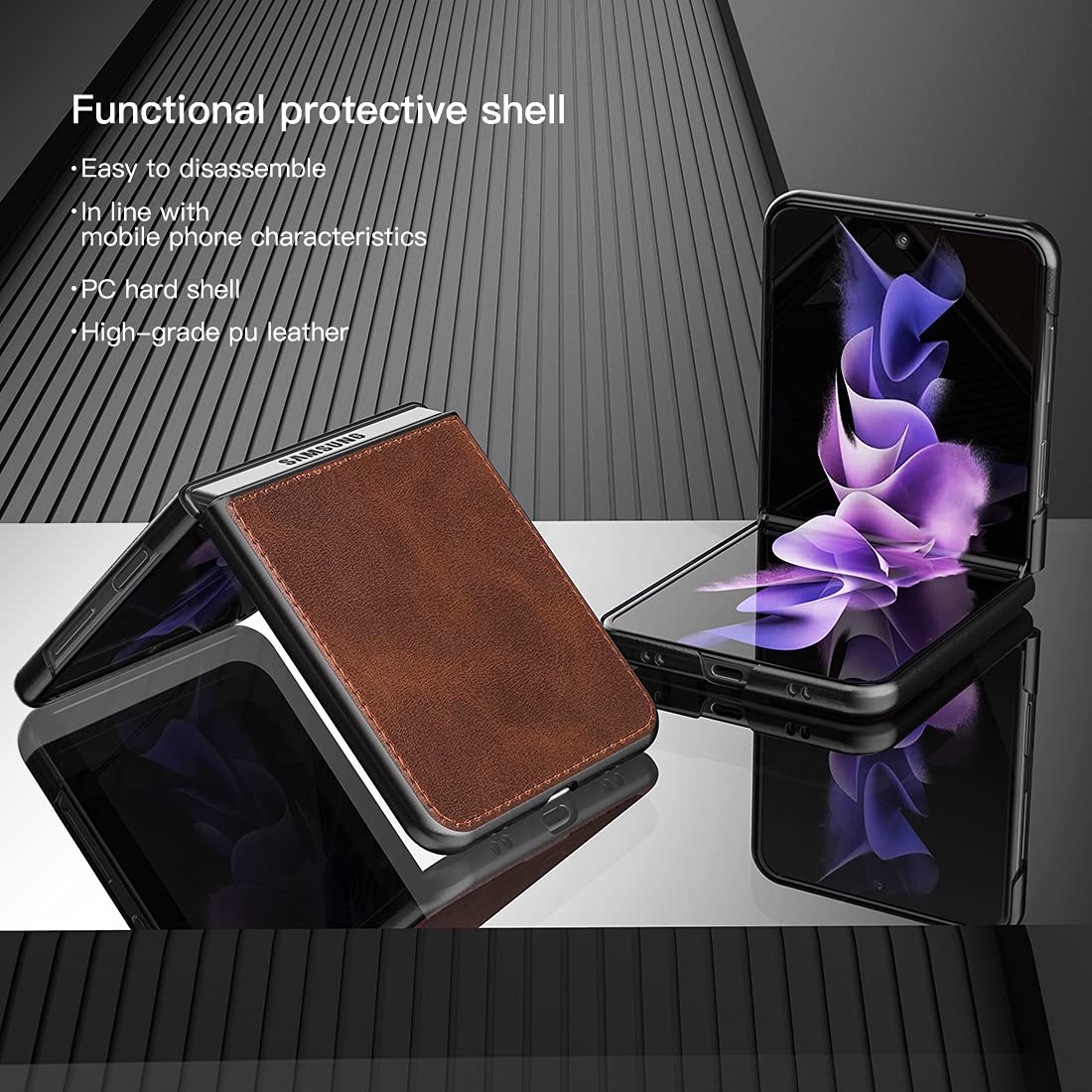 Premium PU Leather & Hard PC Case for Samsung Galaxy Z Flip 3 5G (2021) - Ultra Thin Slim Protective Cover with Durable Shell - Brown | Perfect for Business, Travel & Everyday Use