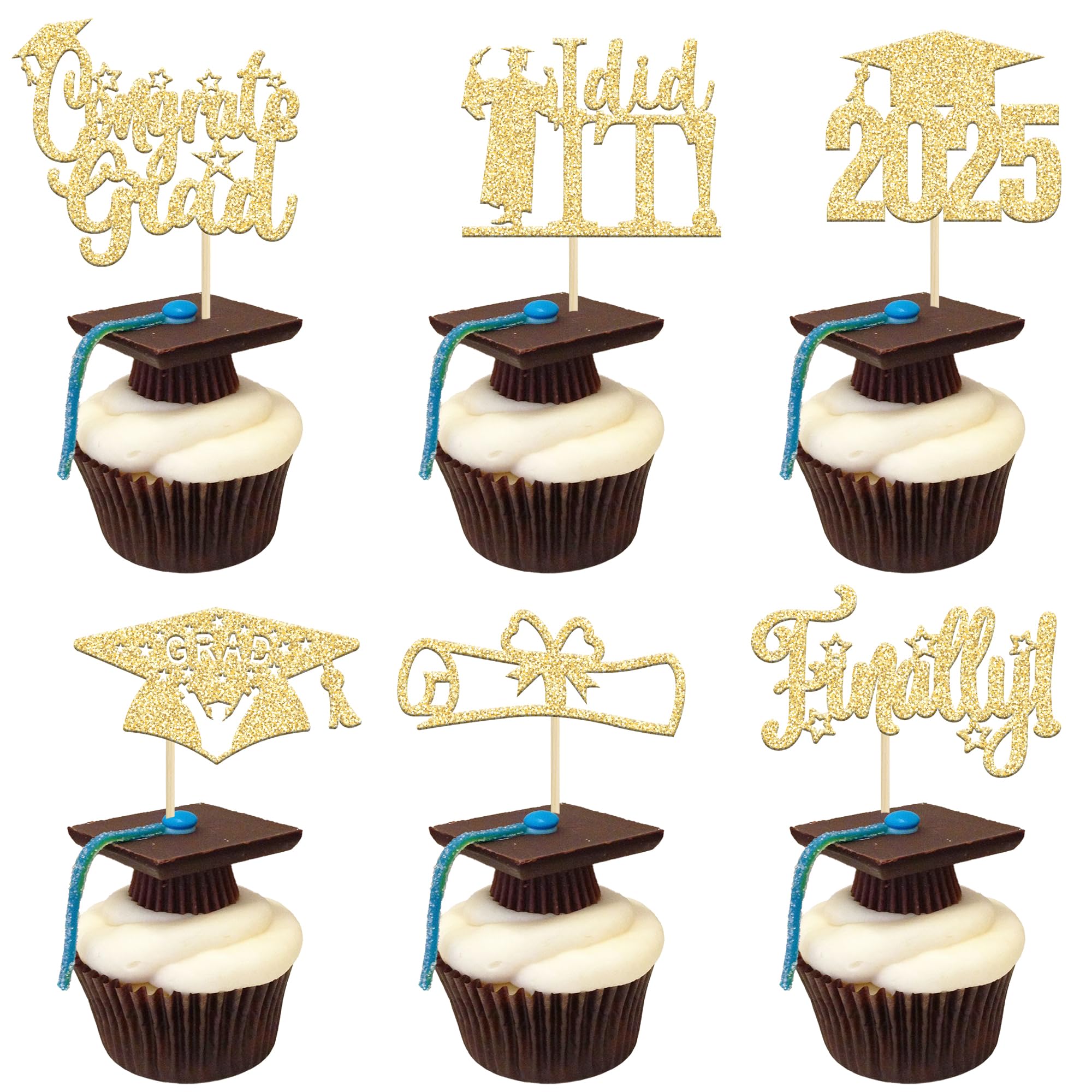 24 Pack 2025 Graduation Cupcake Toppers - Gold Glitter 