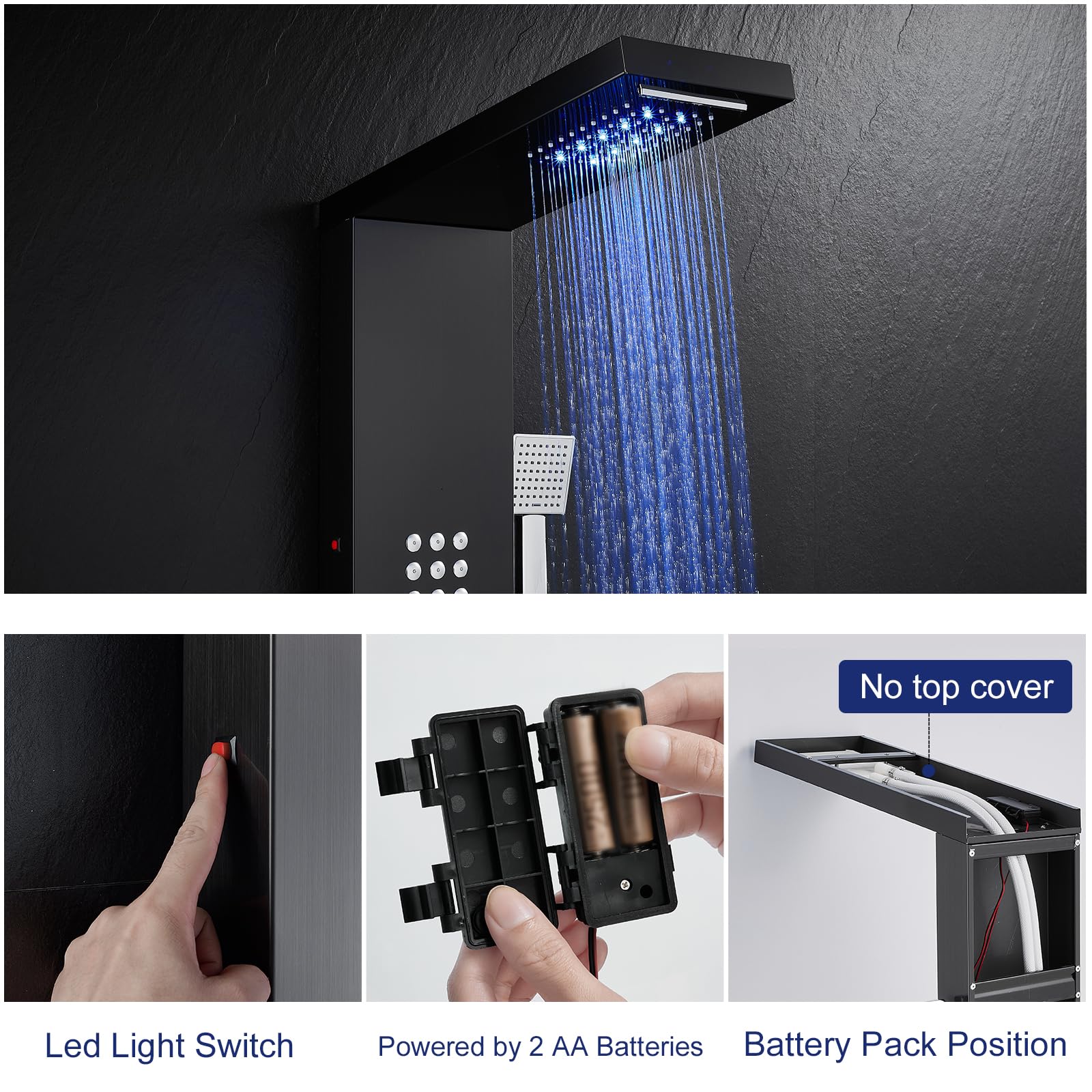 ROVATE 5-in-1 Stainless Steel LED Shower Panel Tower System - Rainfall Waterfall Shower Head with Massage Jets & Handheld Sprayer, High Pressure Shower Tower with Tub Spout (Black) - Perfect for Modern Bathroom Renovation & Spa-Like Shower Experience