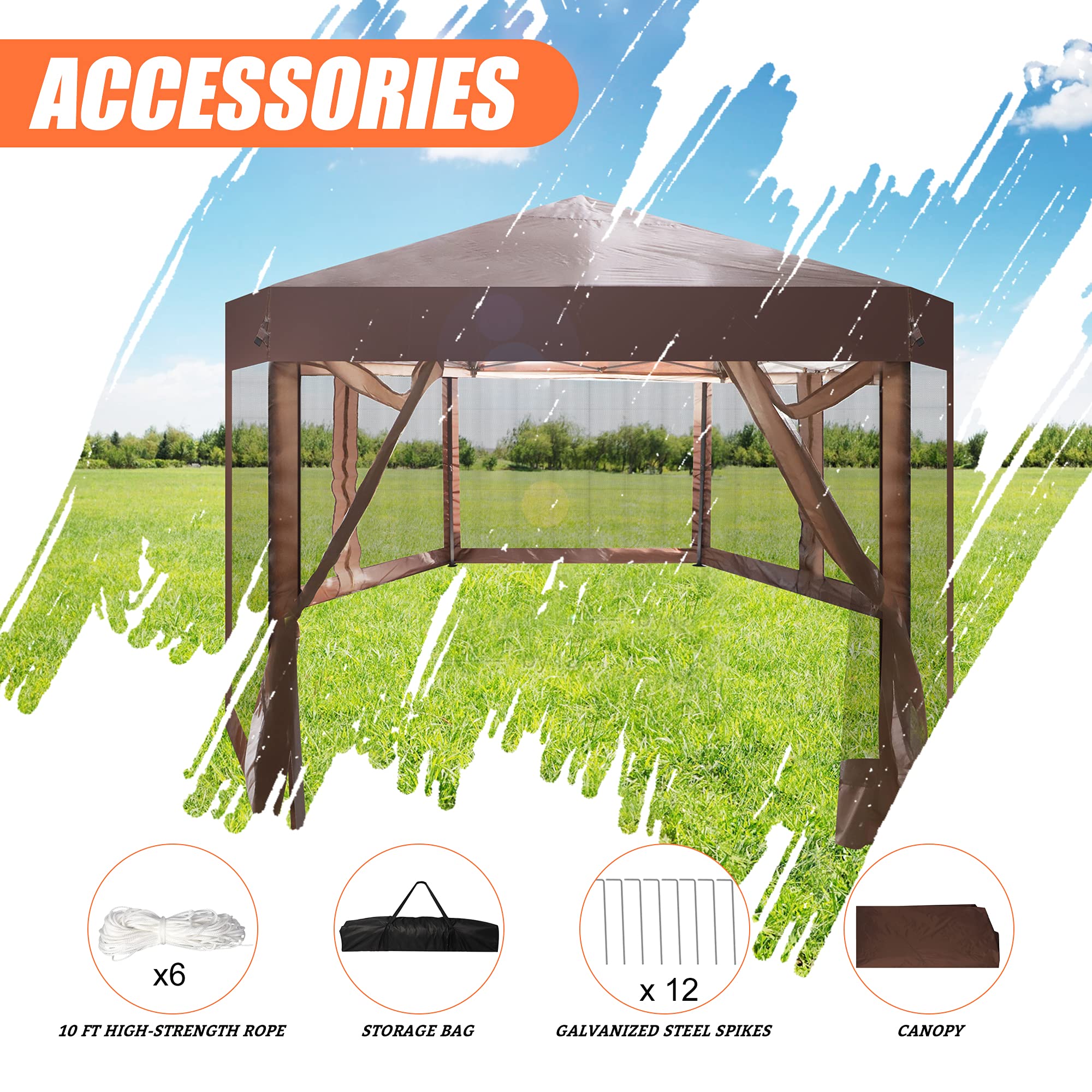 10' x 10' Pop Up Gazebo with Mosquito Net - Hexagonal Outdoor Canopy Tent for Backyard, Patio & Garden - Includes Storage Bag (Dark Brown) | Perfect for BBQs, Camping & Outdoor Gatherings