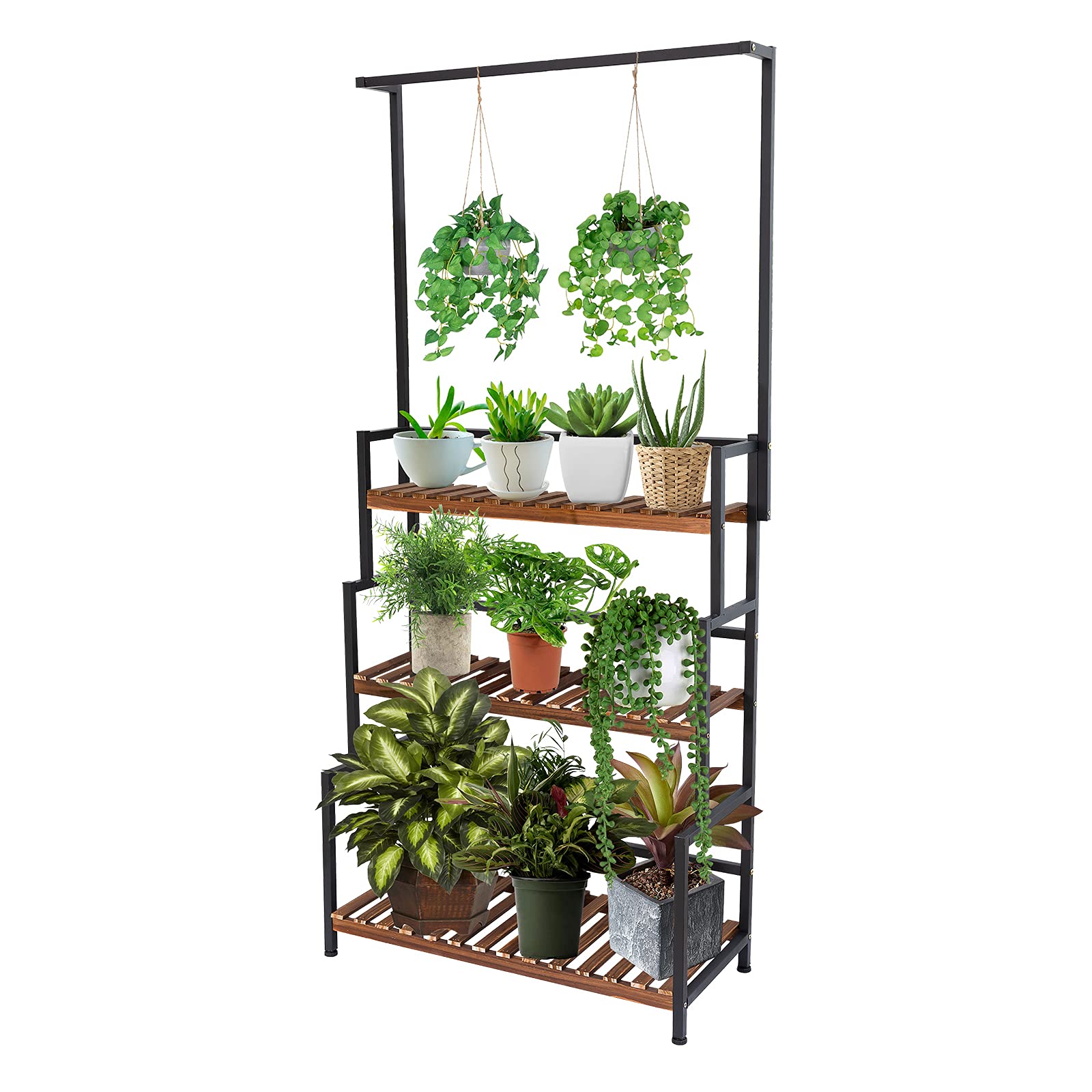 3-Tier Hanging Plant Stand for Indoor & Outdoor Use - Wood & Metal Plant Shelf for Multiple Plants - Perfect for Garden, Balcony, Patio, Bedroom & Office Decor