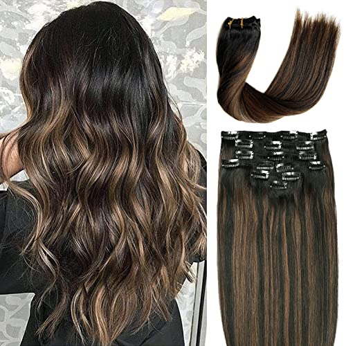 7-Piece Clip-In Human Hair Extensions 20 Inch - Ombre Black to Chestnut Brown Highlights, 120g Straight Weft Hair Extensions for Women | Perfect for Daily Wear, Parties & Special Occasions