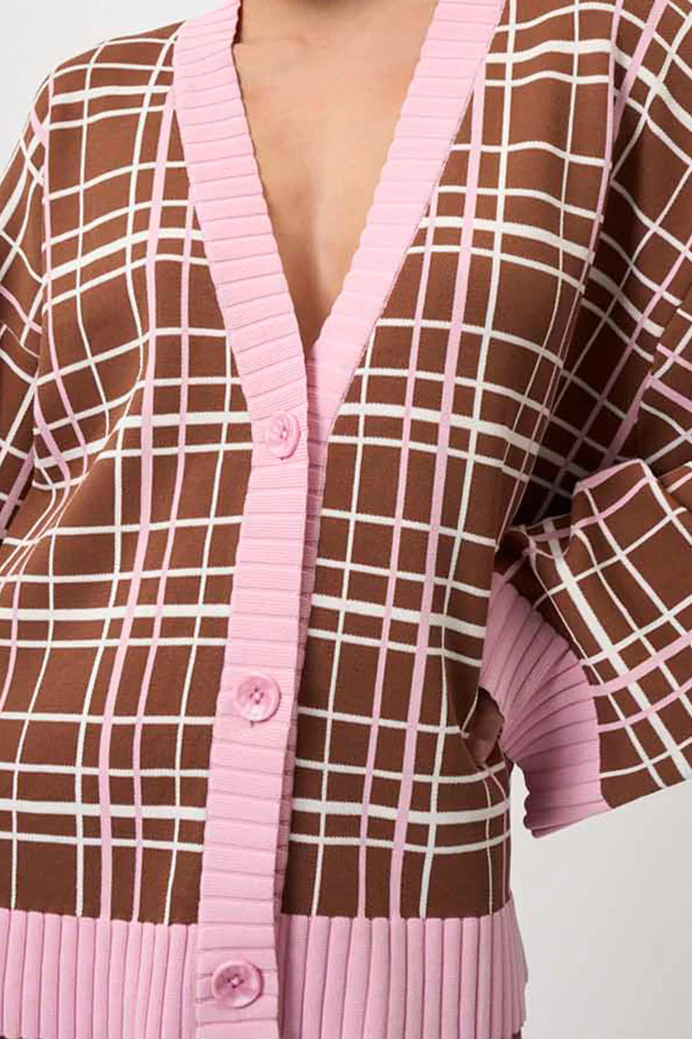 Carolina Check Knit Cardigan Sweater - Brown & Pink Color | Cozy Fall & Winter Fashion for Women