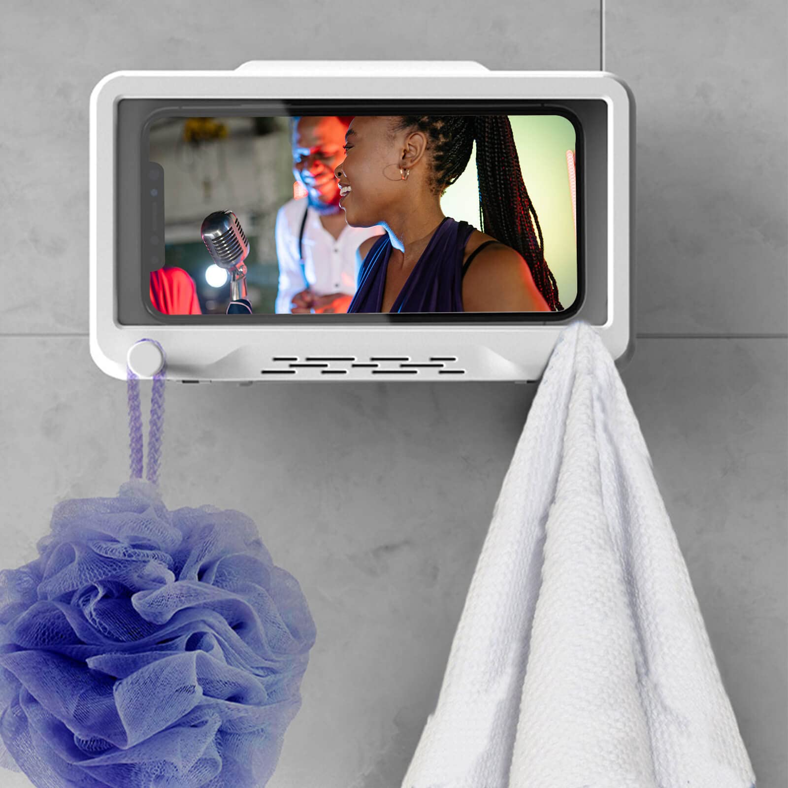 Waterproof Transparent Shower Phone Holder with 2 Hooks - White Wall Mounted Mobile Phone Bracket for Bathroom, Kitchen & Swimming Pool Use