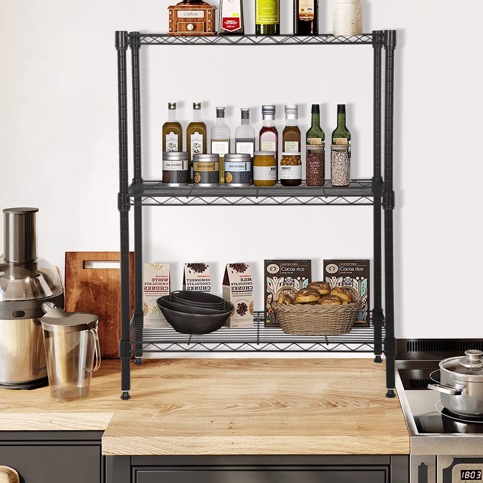 3-Tier Adjustable Wire Metal Shelving Unit with Leveling Feet - Heavy Duty Storage Rack (450lbs Capacity) - 13