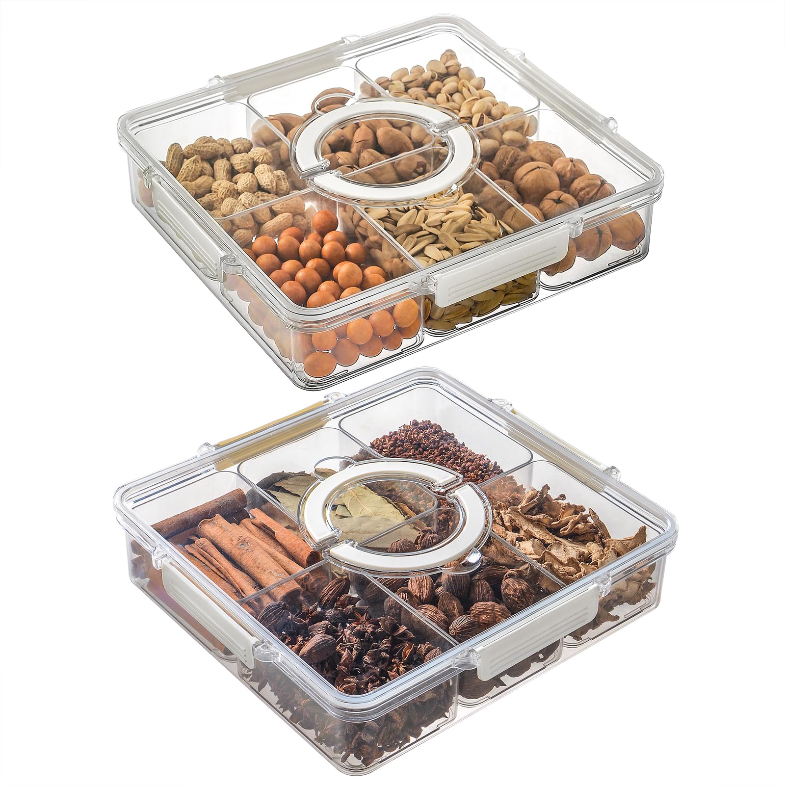 2-Piece Divided Snack Trays with Lids & Handles - Portable Food Storage Containers for Candies, Fruits, Nuts - Perfect for Parties, Picnics, School Lunches & Office Snacks