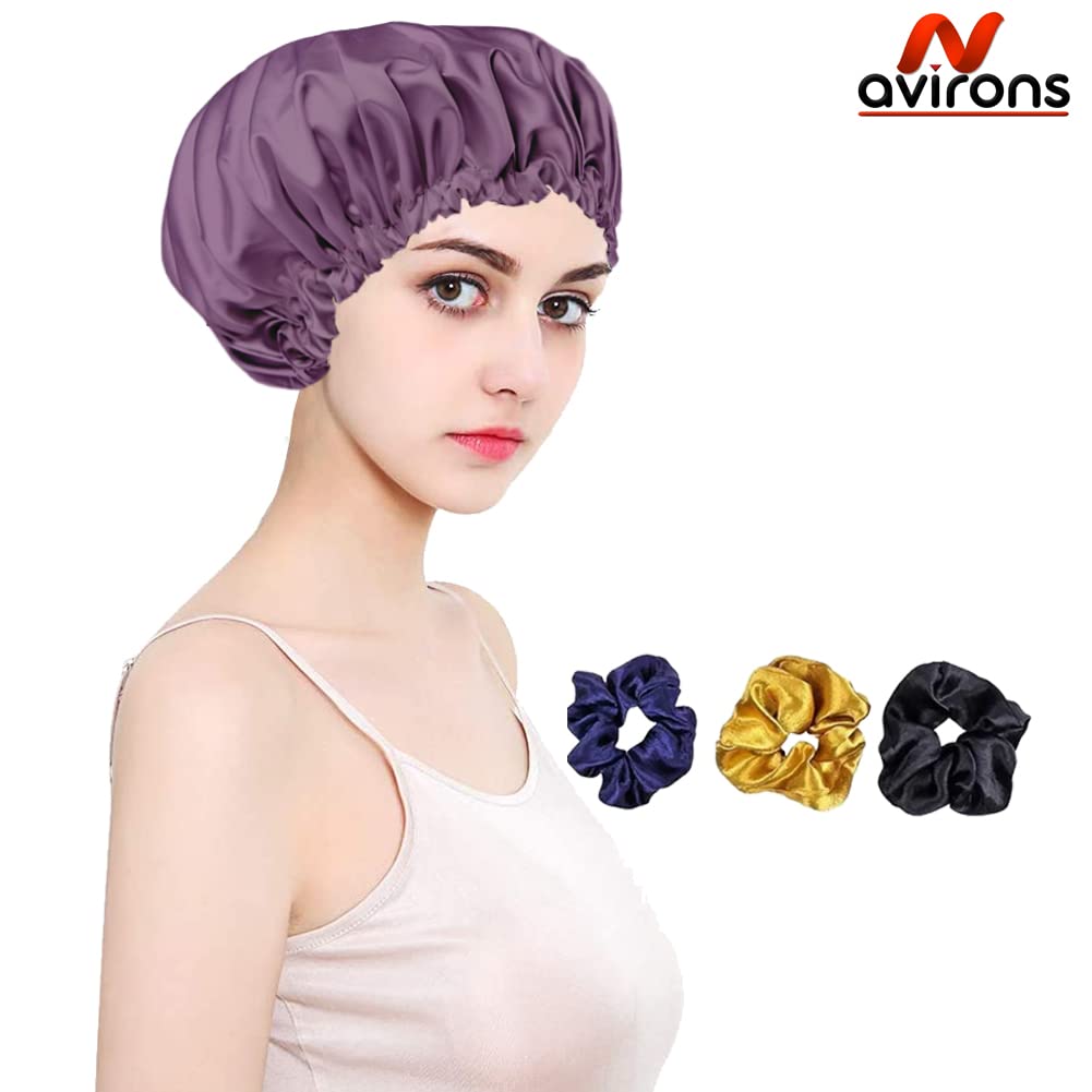 Avirons Satin Silk Hair Bonnet for Sleeping - Adjustable Pure Satin Hair Cap with 3 Scrunchies for Women & Girls | Curly Hair Protection | Soft Satin Hair Wrap for Nighttime & Travel (Multicolor)