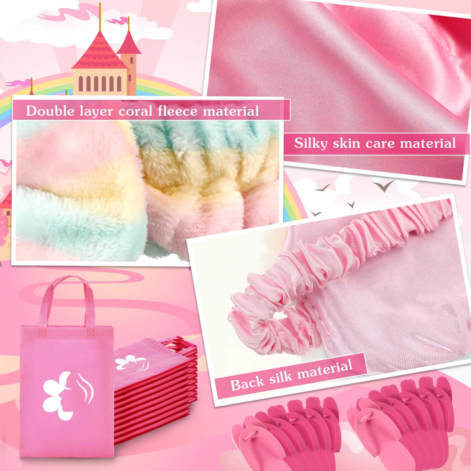 Bonuci 50 Pcs Spa Party Supplies Kit for Girls - 10 Satin Robes & 10 Kids Slippers - Sleepover Birthday Party Favors - Perfect for Spa Themed Parties, Girls Night & Birthday Celebrations