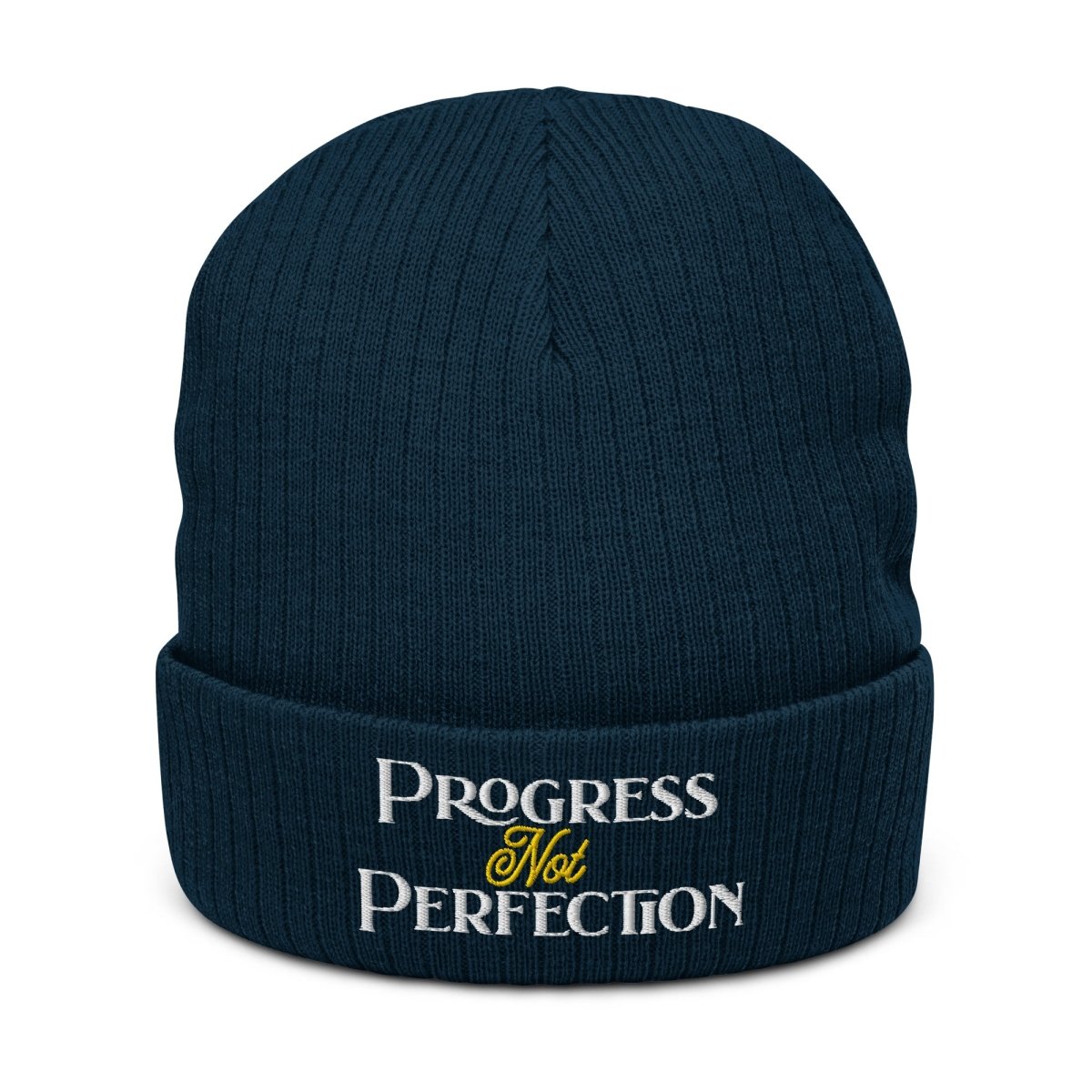 Sustainable 'Progress Not Perfection' Ribbed Knit Beanie - Eco-Friendly Winter Hat for Men & Women - Perfect for Outdoor Activities, Hiking, and Cold Weather Fashion
