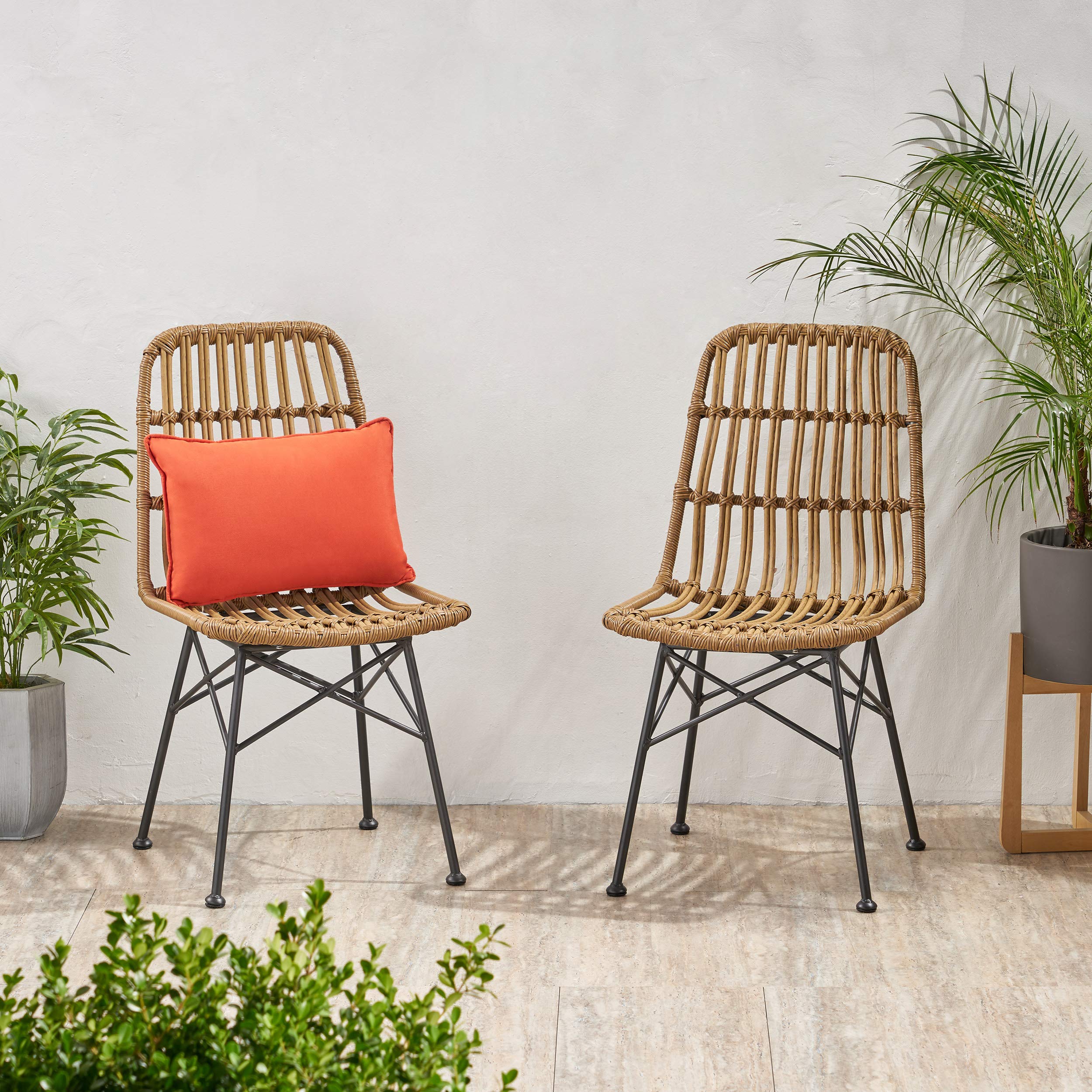 GDFStudio Outdoor Wicker Dining Chairs Set of 2 - Light Brown & Black Patio Furniture - Perfect for Backyard, Garden, and Poolside Dining