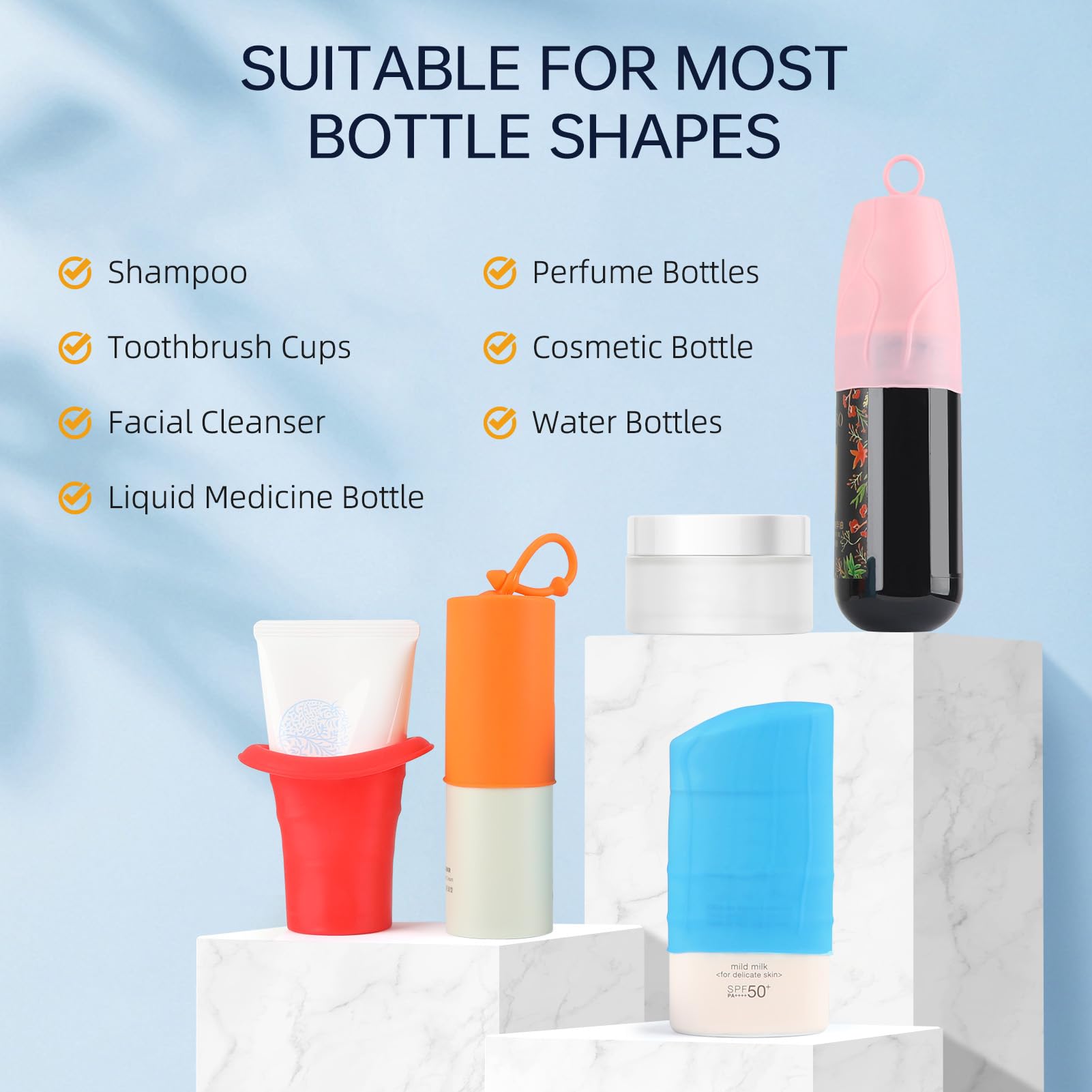 FlyCoco 16-Piece Silicone Elastic Sleeve Covers for Leak-Proof Travel Bottles - Reusable Toiletries Protectors for Women & Men - Perfect for Carry-On Luggage, Cruise Ships, and Airplane Travel Essentials