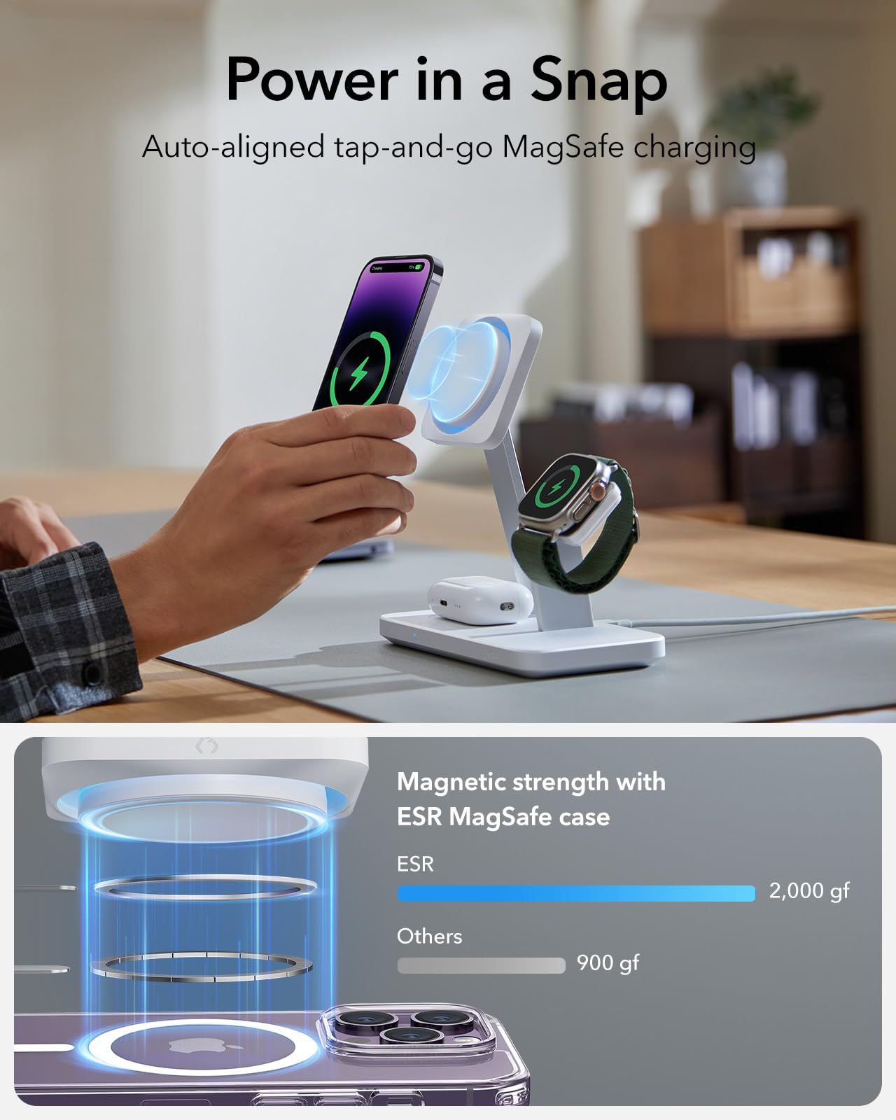 ESR 25W 3-in-1 MagSafe Wireless Charging Stand - Apple Certified Magnetic Charger for iPhone 16/15/14/13/12 & AirPods Pro 4/3/2 - Fast 15W Charging with Phone Cooling - White - Perfect for Home, Office & Travel Use