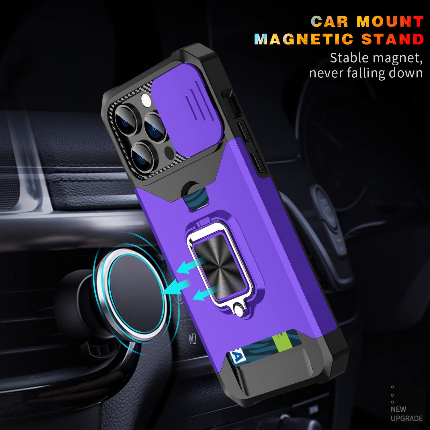 Military Shockproof iPhone 14 Pro Case with HD Screen Protector, Sliding Camera Cover & Card Holder - Purple Full Body Protective Phone Cover with Ring Kickstand | Perfect for Outdoor Activities, Travel & Daily Use