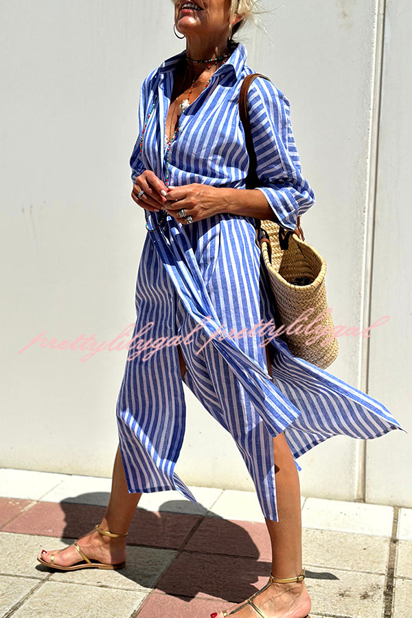 Summer Splendor Printed Button Half Sleeve Belt Loose Shirt Midi Dress - Flowy Boho Chic Outfit for Beach Vacation, Date Night & Casual Wear