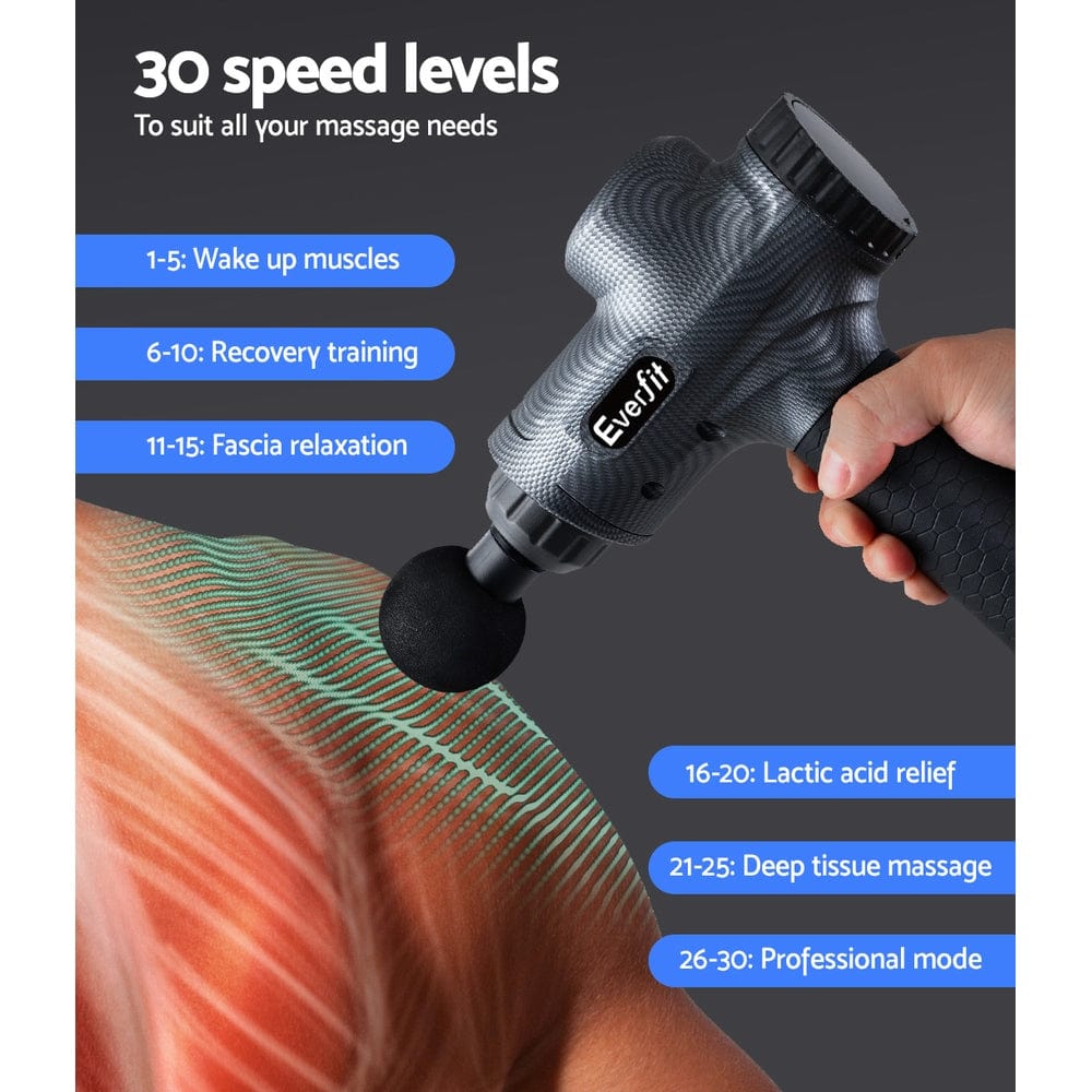Everfit Deep Tissue Massage Gun - 30 Speed Levels & 6 Interchangeable Heads - Rechargeable Percussion Muscle Massager for Pain Relief & Recovery (Grey) - Perfect for Athletes, Gym Lovers & Home Use