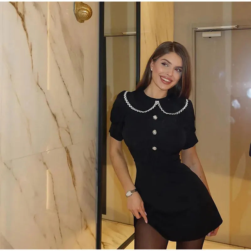 Elegant Doll Collar Mini Dress for Women - Spring Summer Chic Solid Short Sleeve Sexy Slim Button Dress - Perfect for Office Commute, Date Night & Cocktail Parties