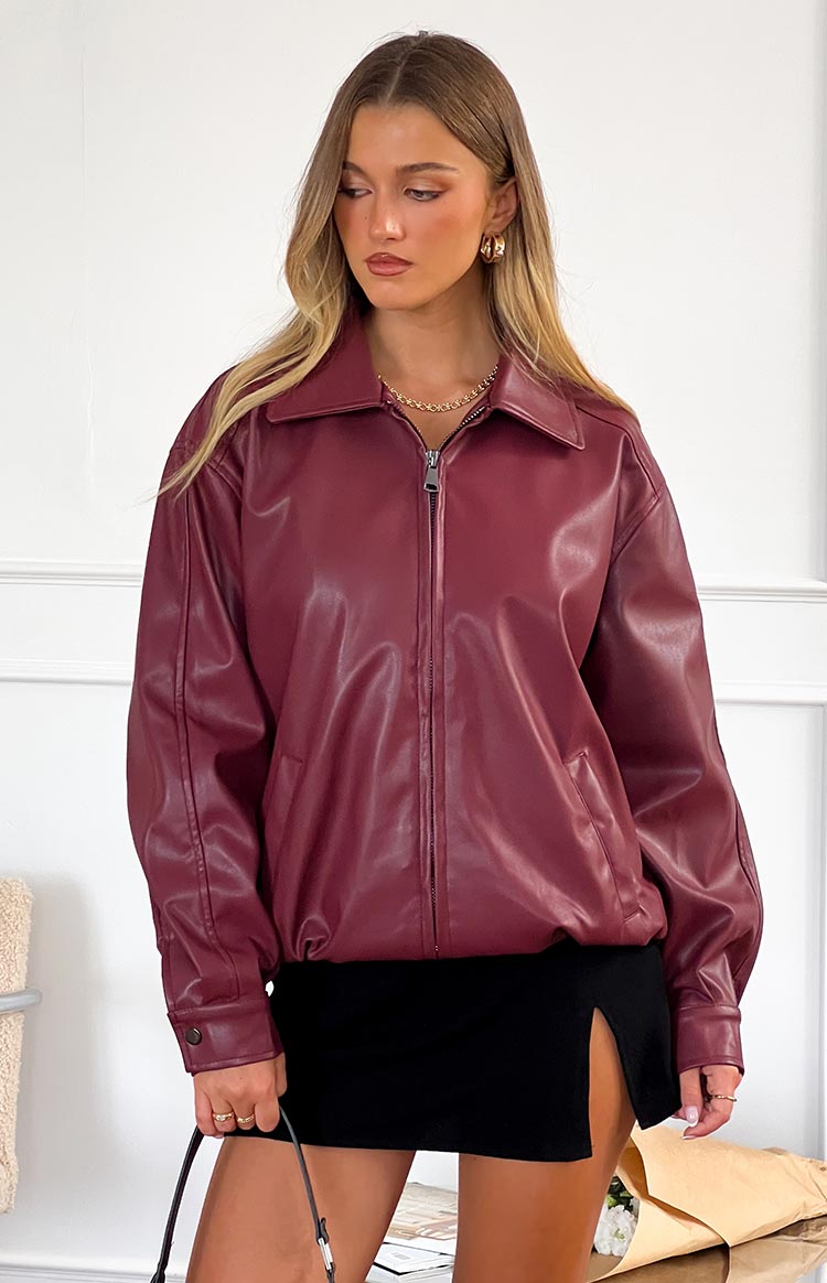 Abbi PU Red Bomber Jacket Women's Faux Leather Motorcycle Jacket - Stylish Outerwear for Casual Wear, Night Out & Fall Fashion