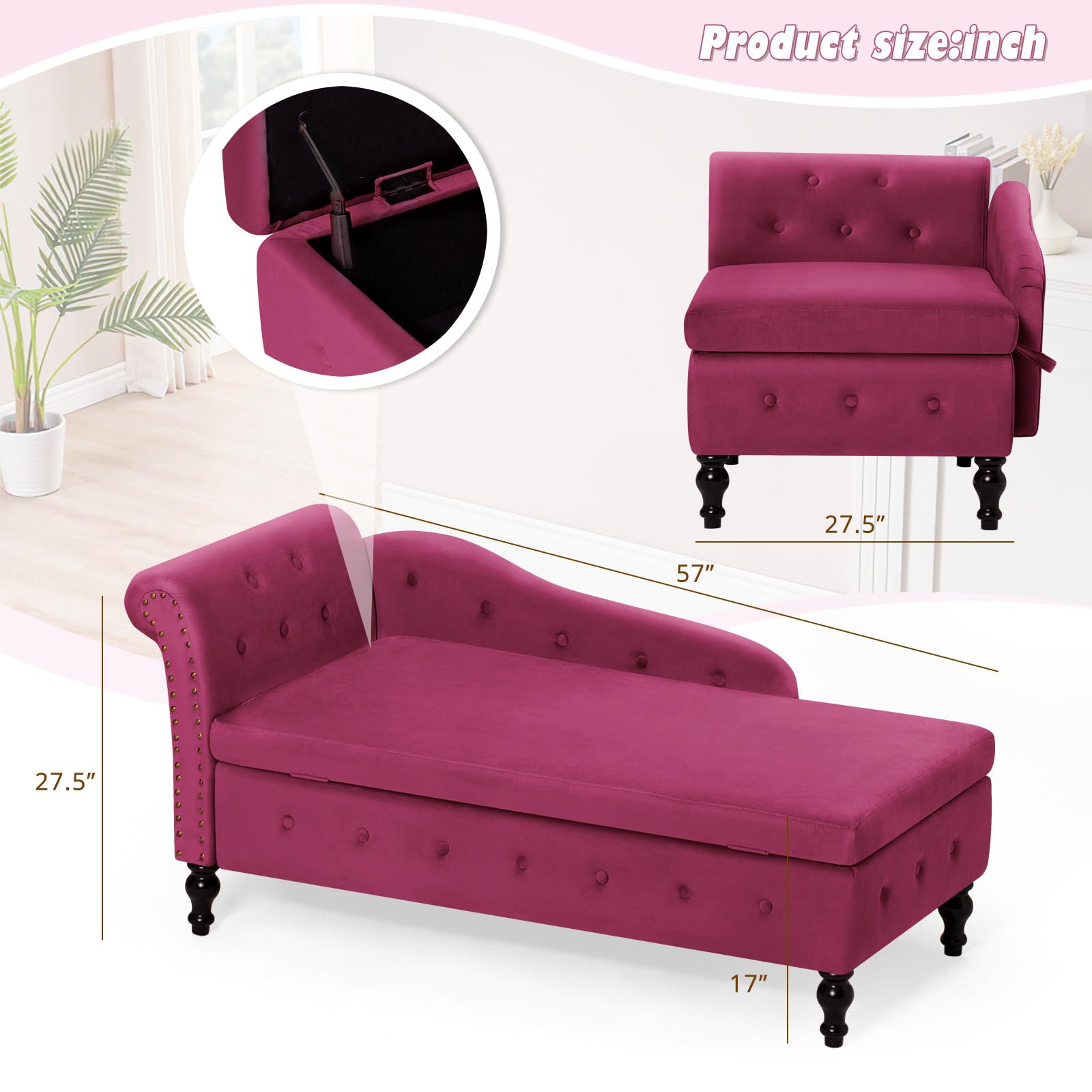Velvet Upholstered Chaise Lounge with Left Armrest & Lumbar Pillow, Button Tufted Storage Sofa - Modern Lounge Chair for Bedroom, Living Room & Office - Perfect for Relaxing, Reading & Napping (Fuchsia)