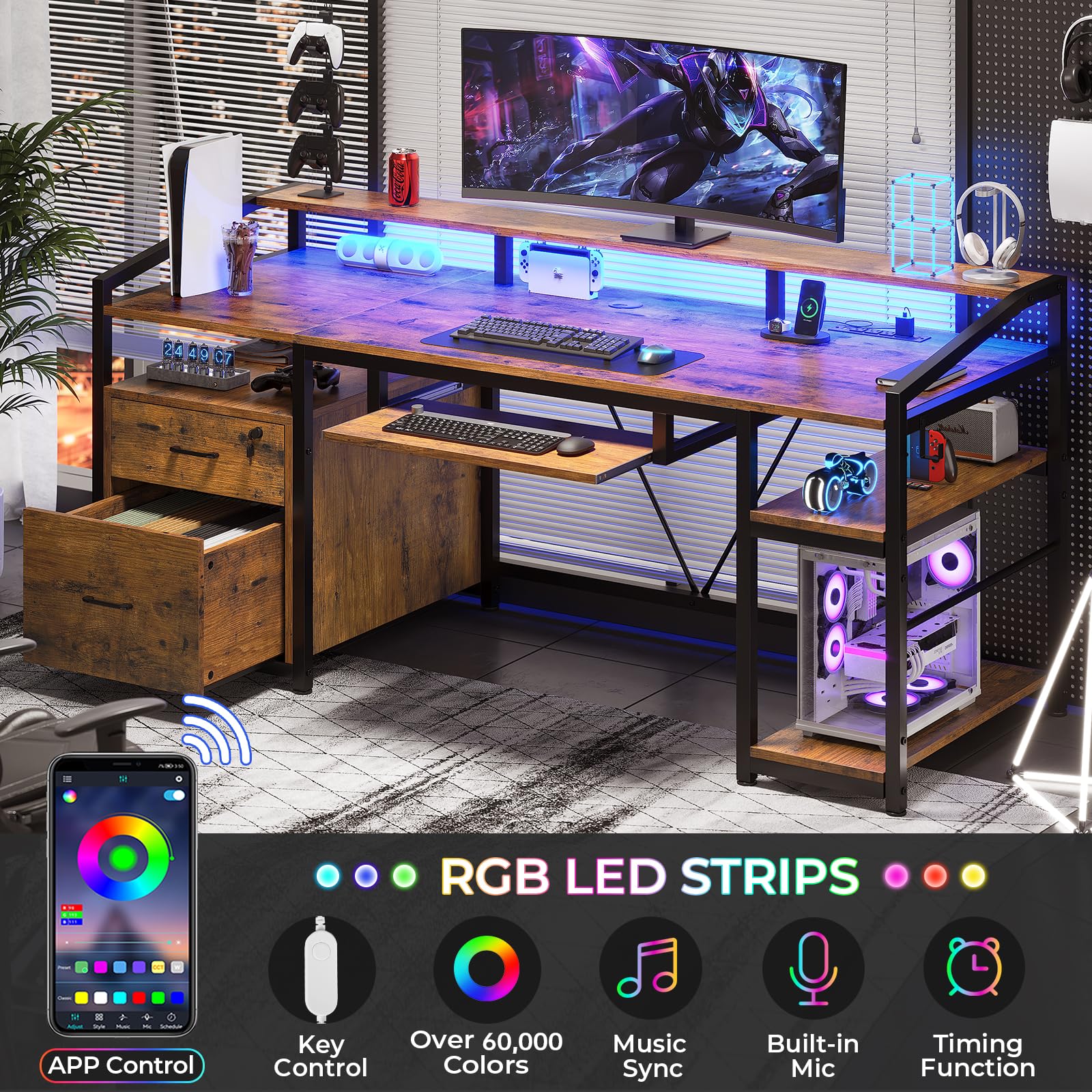 SEDETA 63 Inch Rustic Brown Computer Desk with LED Lights & Power Outlet - Home Office Desk with Lockable File Drawers for Legal/Letter Size, Gaming Desk for PC Setup - Perfect for Small Spaces, Work from Home & Gaming Stations