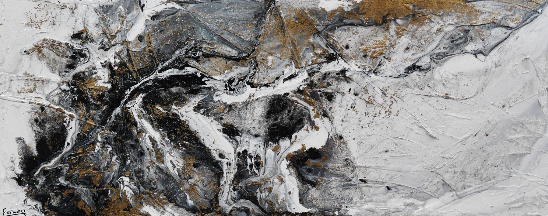 Fluid Rush 200cm x 80cm Abstract Textured Painting - Black Gold White Grey Modern Wall Art for Living Room, Bedroom & Office Decor