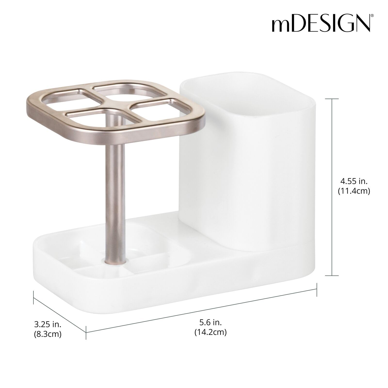 mDesign Plastic Toothbrush Holder Organizer with Cup - Bathroom Countertop Storage for Brushes, Toothpaste & Dental Accessories (White/Satin) - Perfect for Vanity, Sink & Small Space Organization
