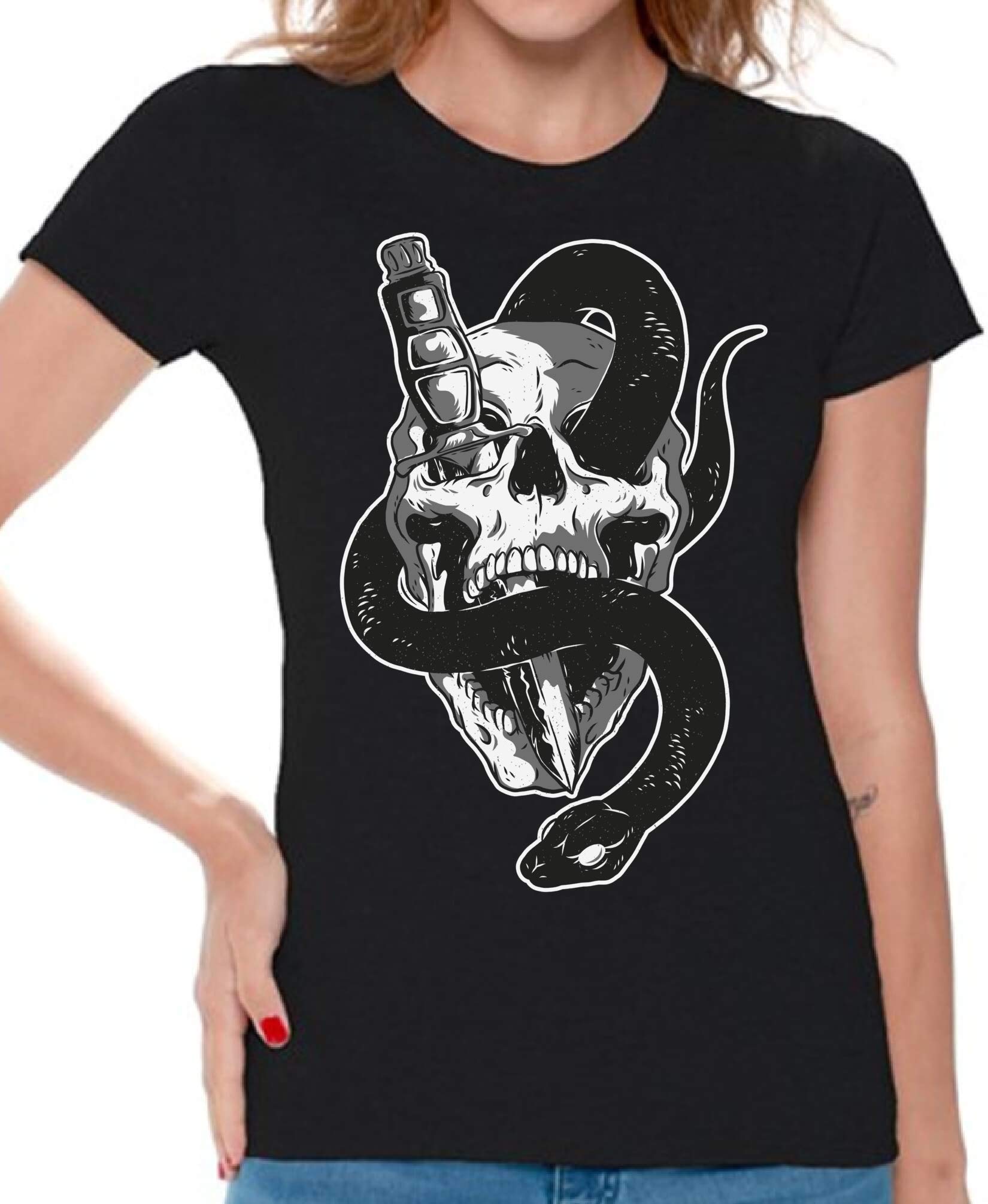 Awkward Styles Women's Skull Print T-Shirt with Snake & Knife Design | Gothic Streetwear, Halloween Costume, Punk Fashion