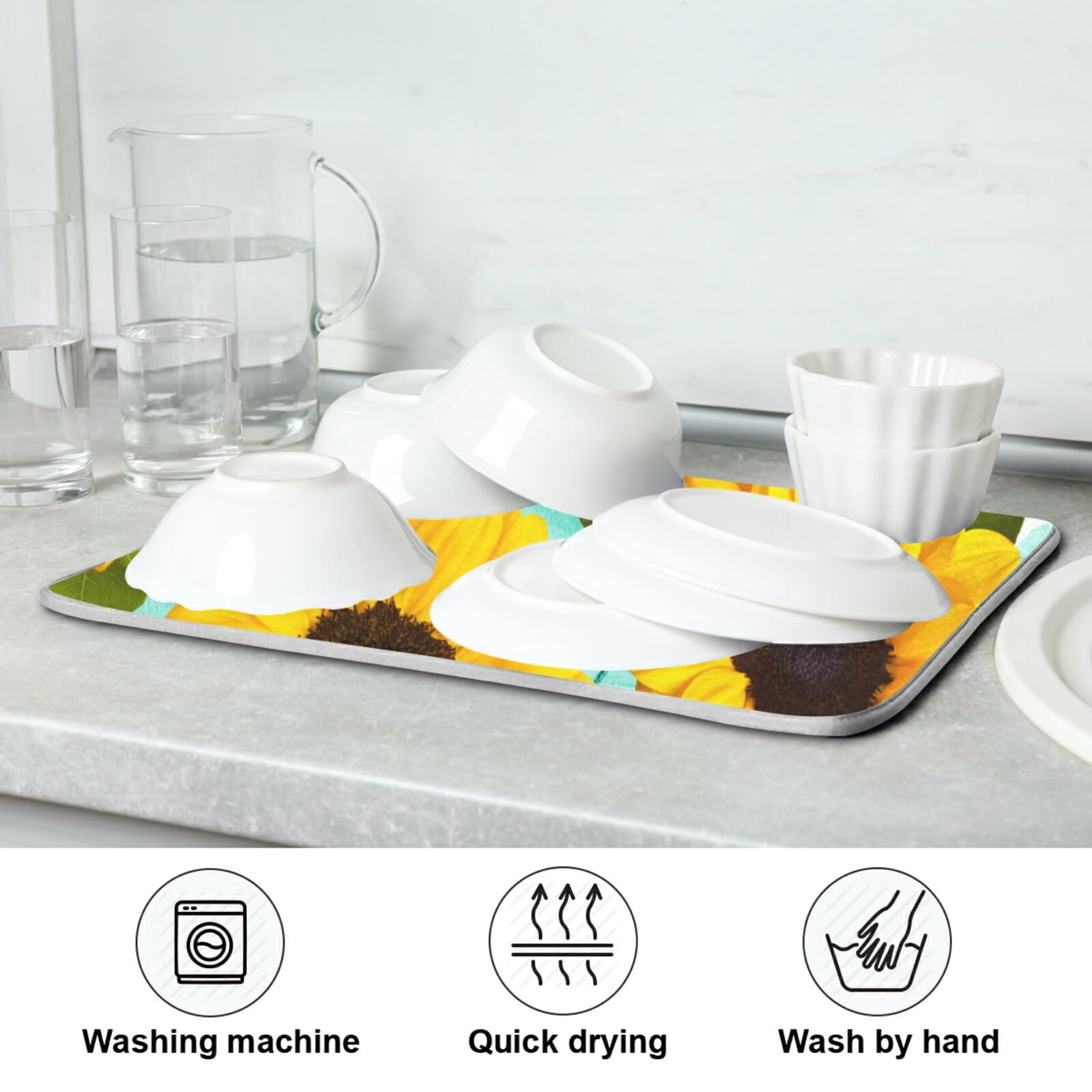 **Floral Dish Drying Mat - Absorbent Microfiber Kitchen Counter Mat, Washable & Quick-Dry Dish Rack Pad (16x18 Inches) - Perfect for Countertops, Sink Areas & Dish Organization**
