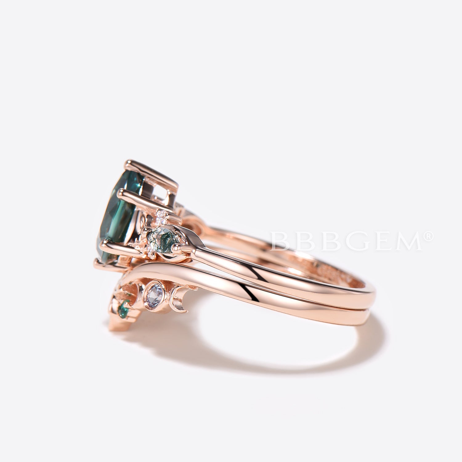 Teardrop Green Sapphire Engagement Ring & Celtic Moon Wedding Ring Set - Vintage Celtic Knot Design for Brides, Promise Rings, Anniversary Gifts