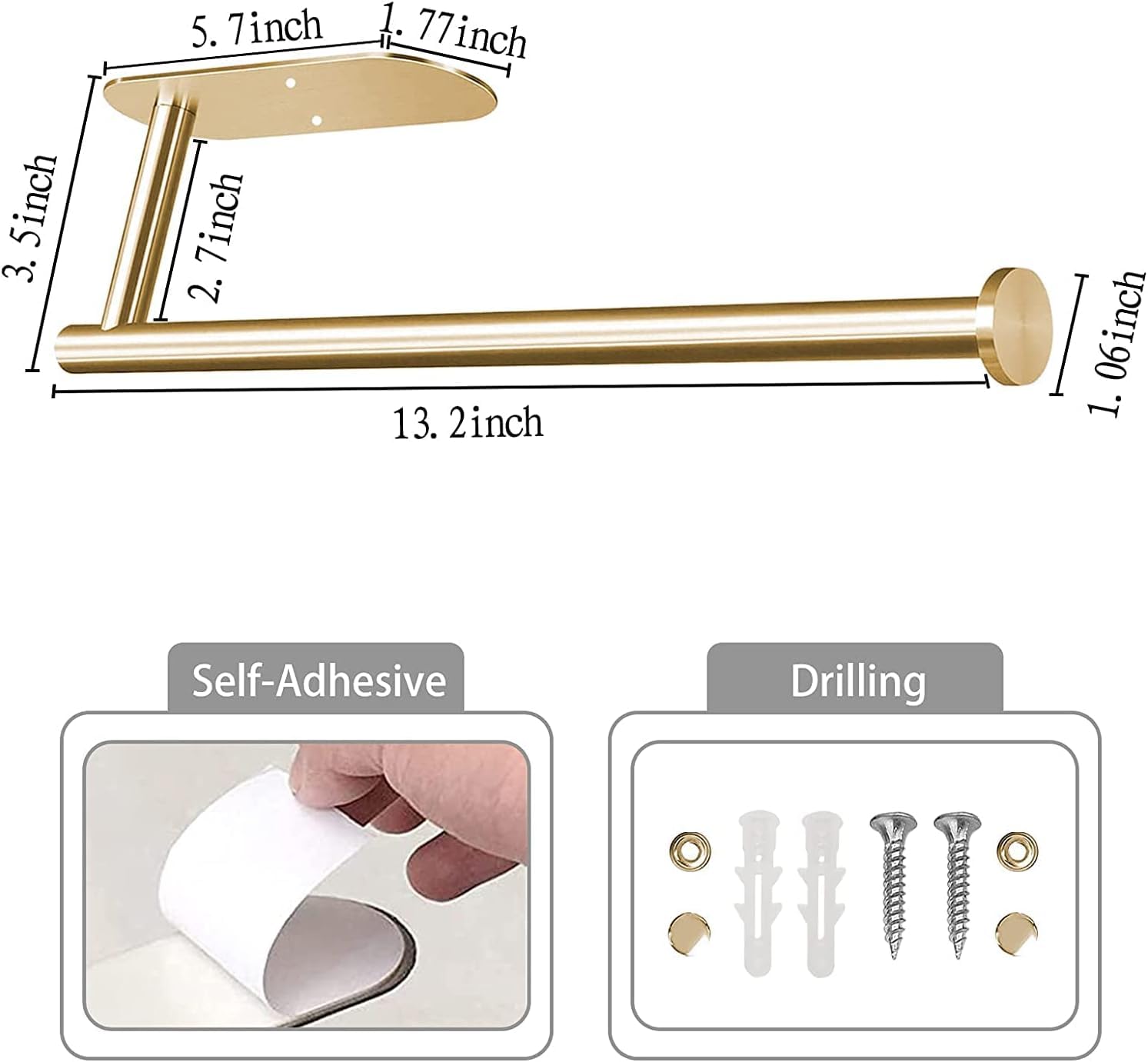 13 Inch Gold Adhesive Paper Towel Holder - Under Cabinet & Wall Mount Kitchen Towel Organizer for Home, Office, or RV Use